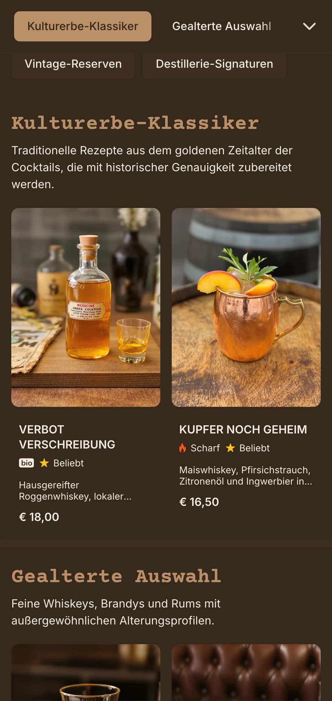 Zeitloses Design in Braun und Creme mit Vintage-Elementen aus der Destillerie für Craft-Spirituosen-Lokale.