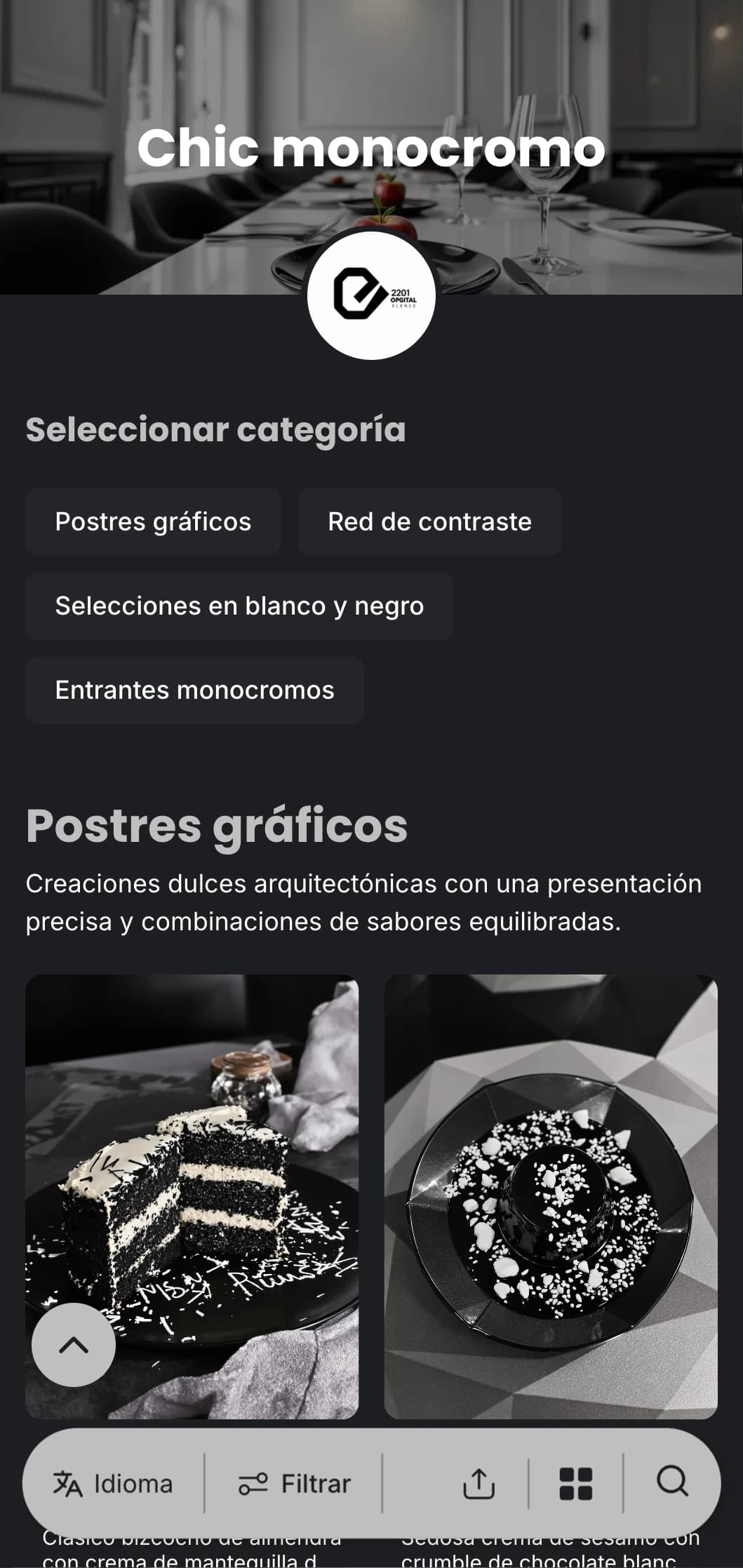 Un sofisticado menú en blanco y negro con tipografía atrevida y líneas limpias, diseñado para la alta cocina contemporánea.
