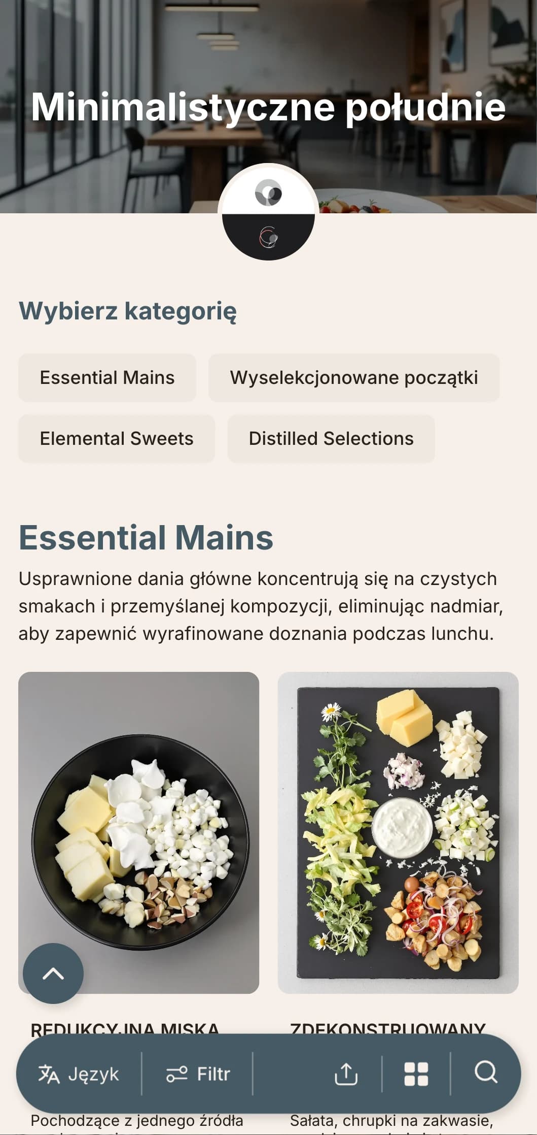 Niezwykle czysty, minimalistyczny projekt menu lunchowego z dużą ilością białej przestrzeni i precyzyjną typografią, odpowiedni dla współczesnych miejskich restauracji z podejściem do projektowania.