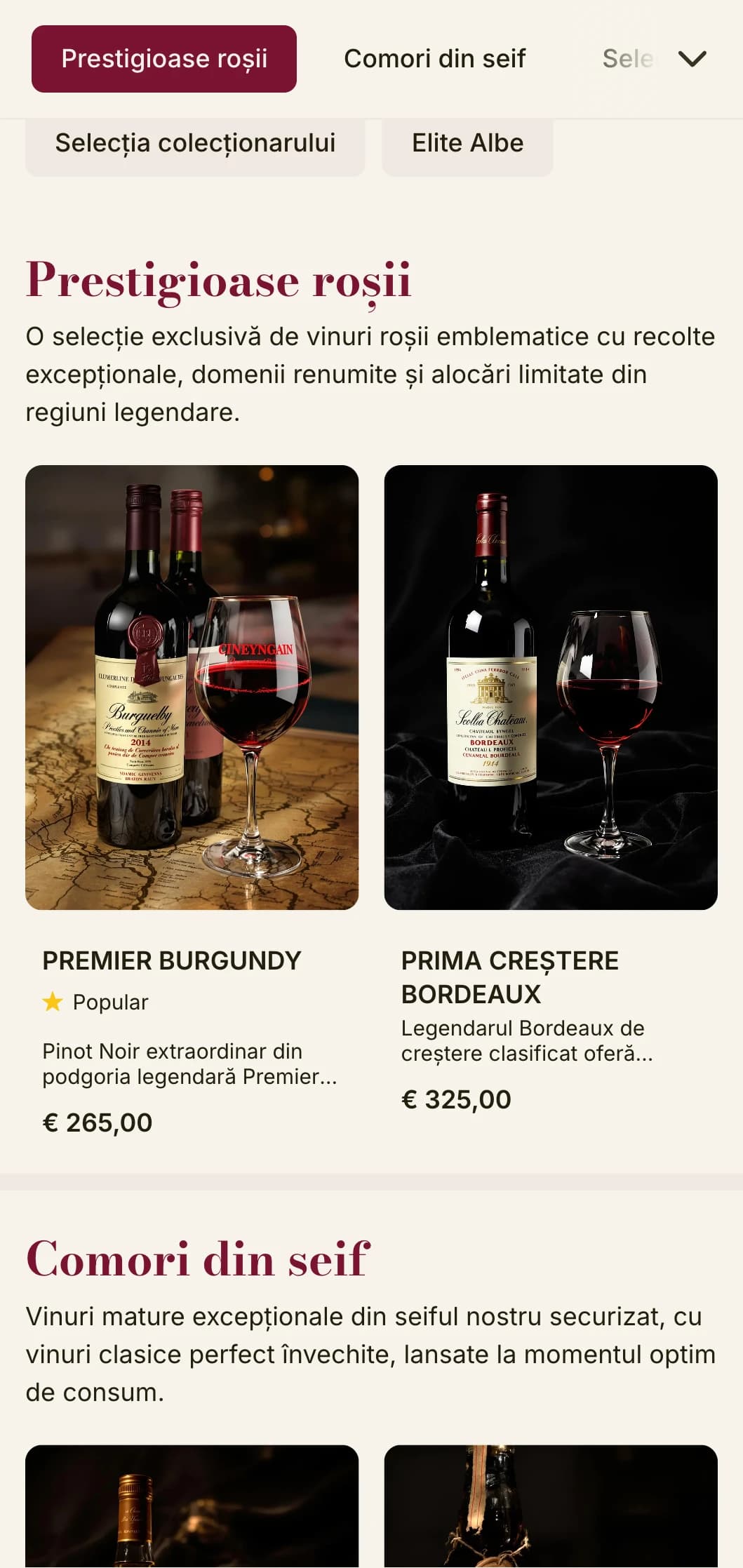 Șablon cu listă de vinuri de un lux spectaculos, cu accente de roșu intens și tipografie sofisticată, ideal pentru crame premium și restaurante exclusiviste.