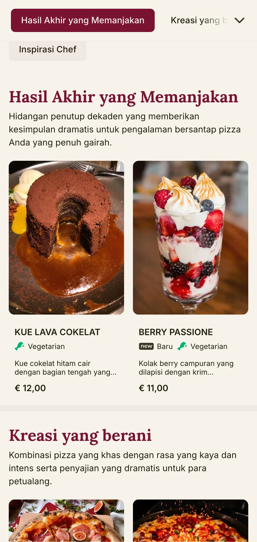 Desain menu pizza yang berani dan penuh semangat dengan warna yang kaya dan elemen teatrikal untuk restoran pizza dengan karakter yang khas.
