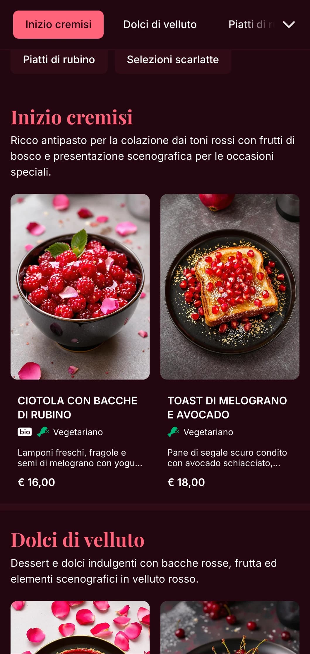 Modello per brunch ricco, dai toni rossi e dai dettagli lussuosi, adatto a brunch romantici e occasioni speciali.