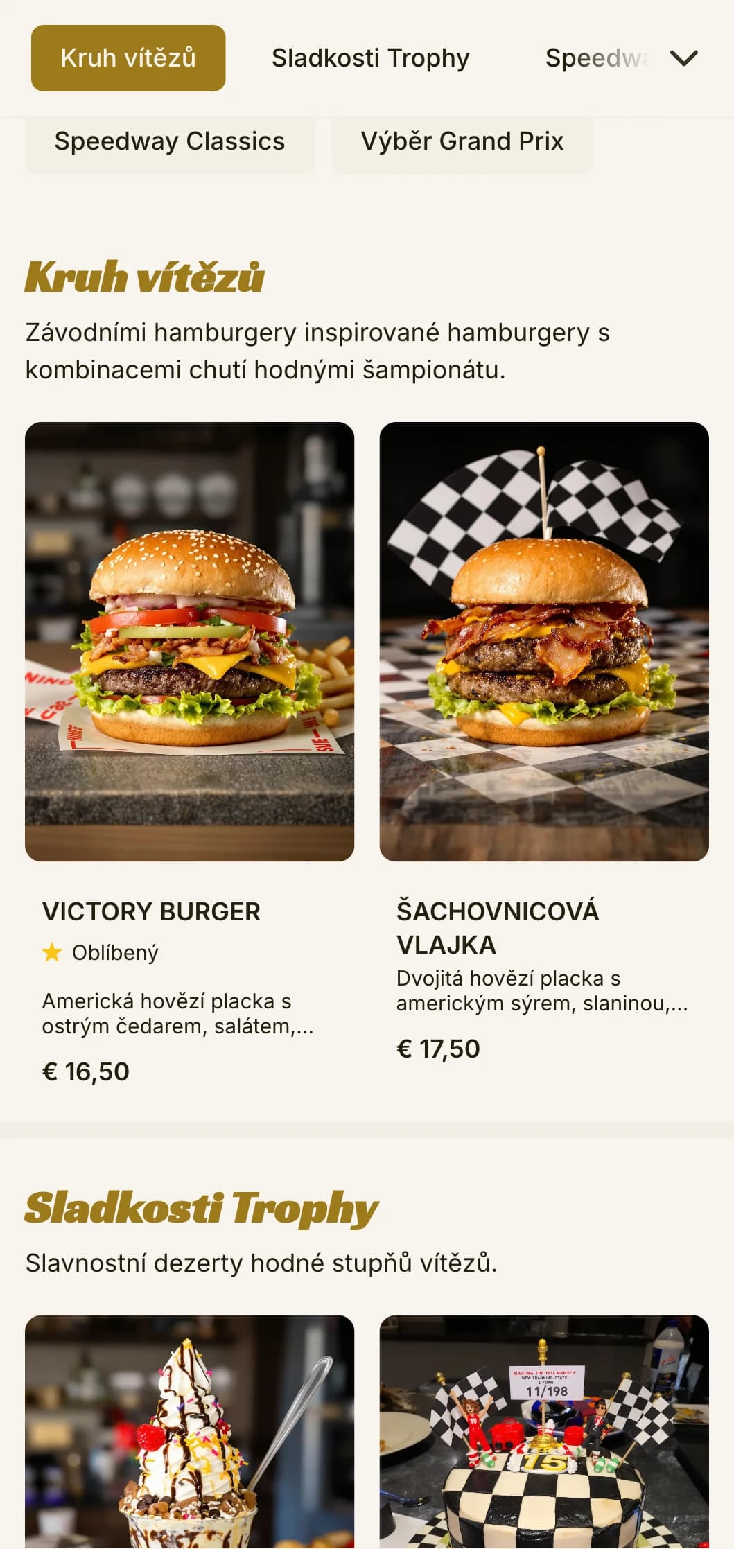 Závodní hamburgrárna s prvky motoristického sportu a atmosférou vítězné dráhy.
