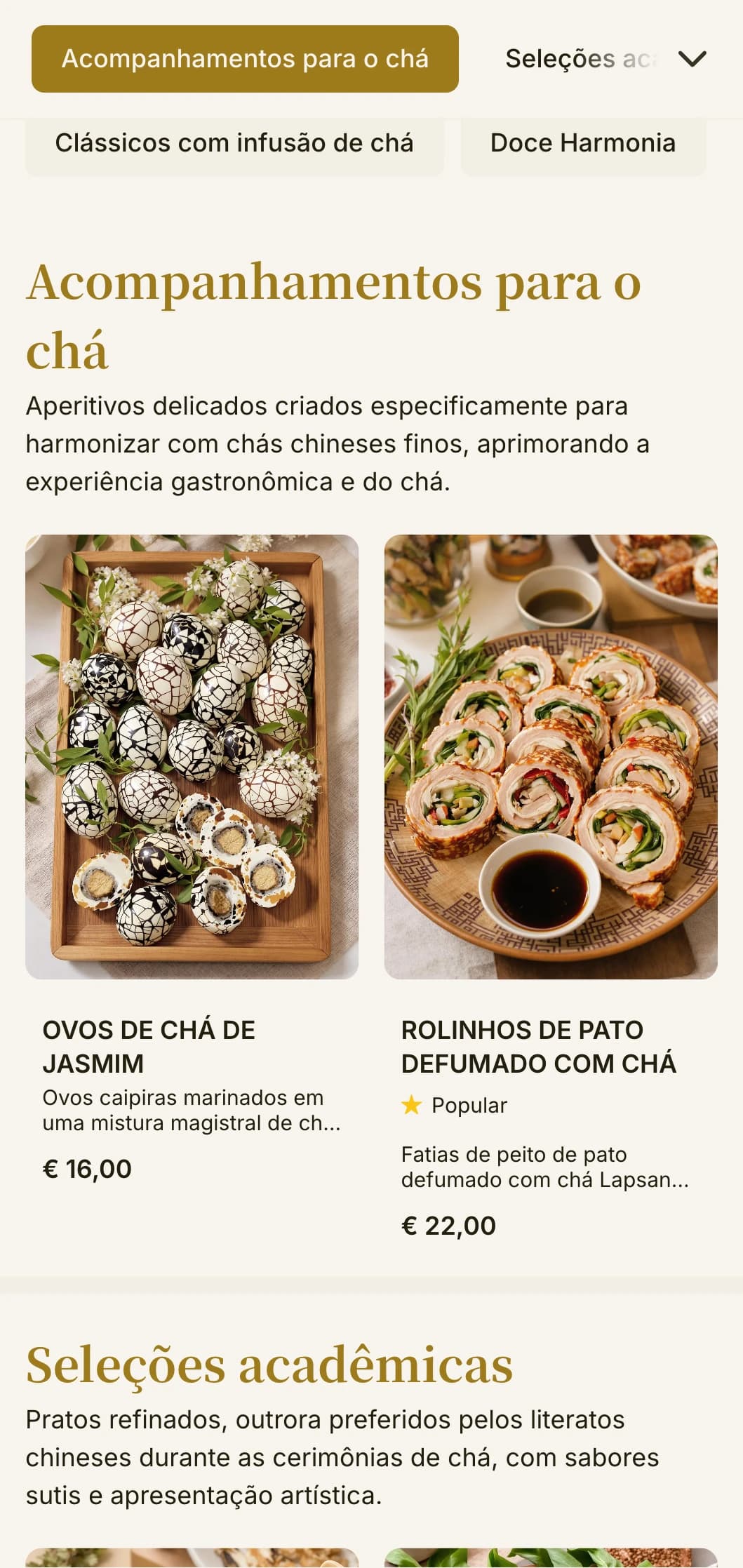 Design refinado de cardápio chinês inspirado em cerimônias de chá tradicionais, com tipografia elegante e elementos clássicos para combinações de chá.