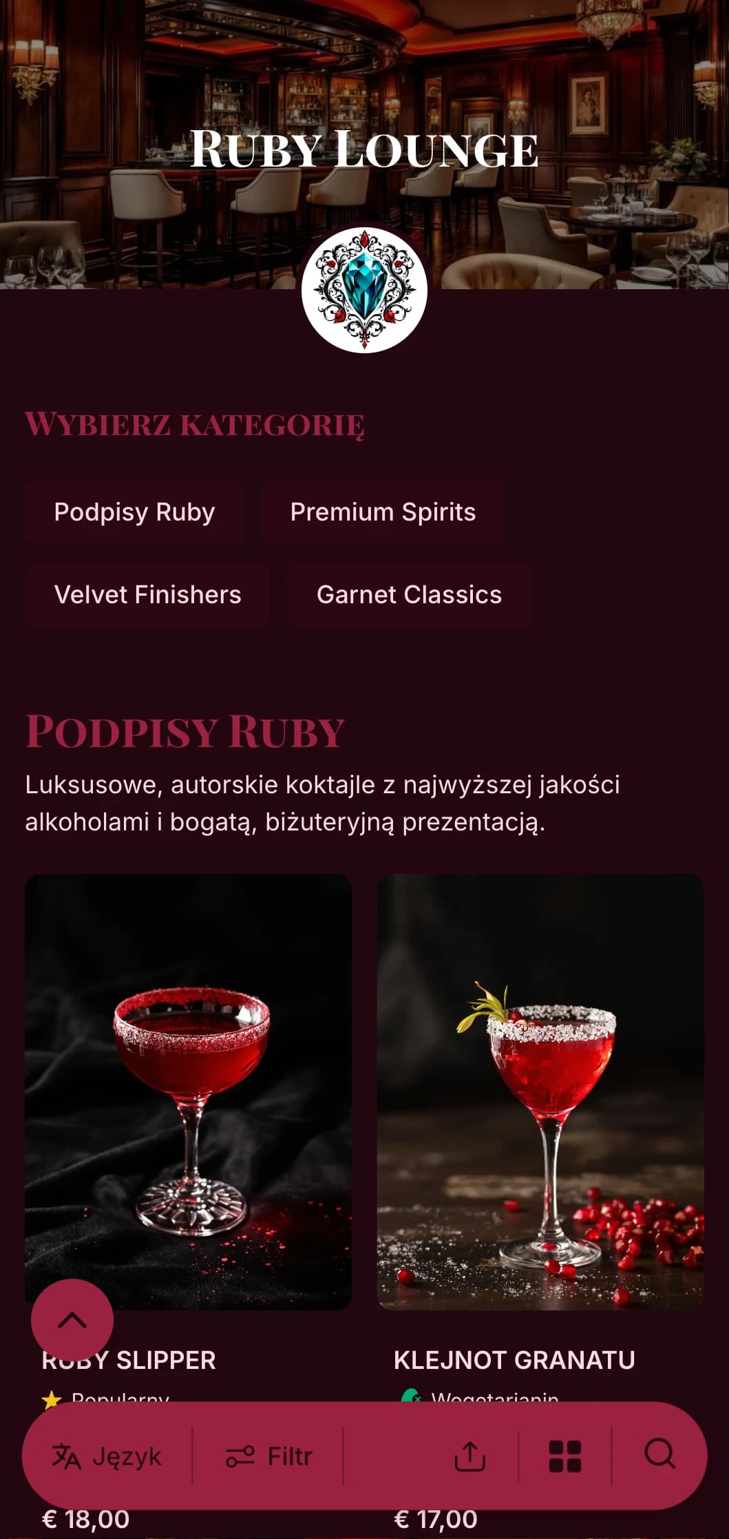 Luksusowy, klejnotowy projekt dla ekskluzywnych barów koktajlowych i salonów z bogatymi rubinowymi akcentami i elegancką typografią.