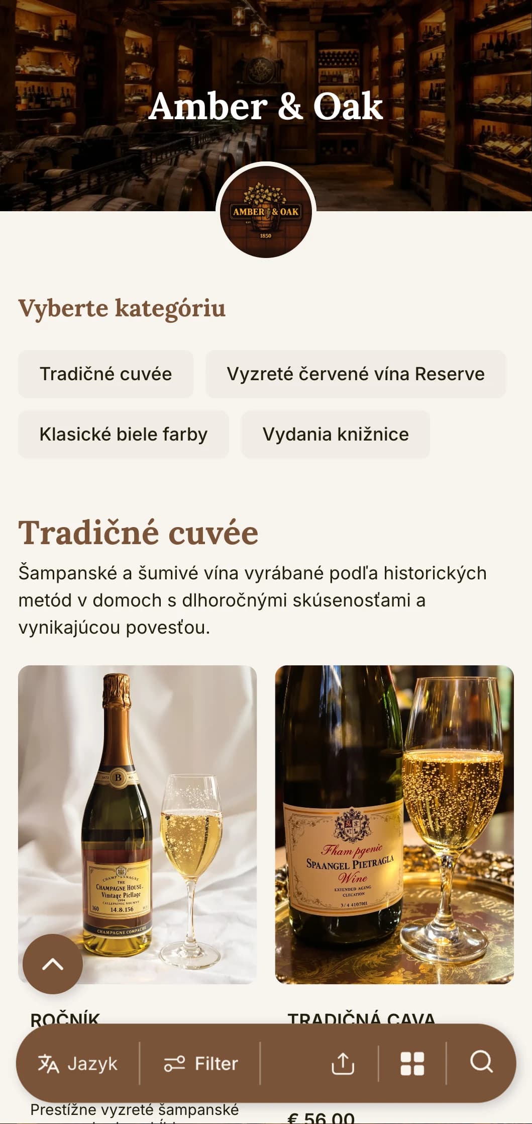 Teplá tradičná šablóna vínneho lístka s jantárovými a dubovými akcentmi, ideálna pre zavedené vinárstva a reštaurácie s pivničnými programami.