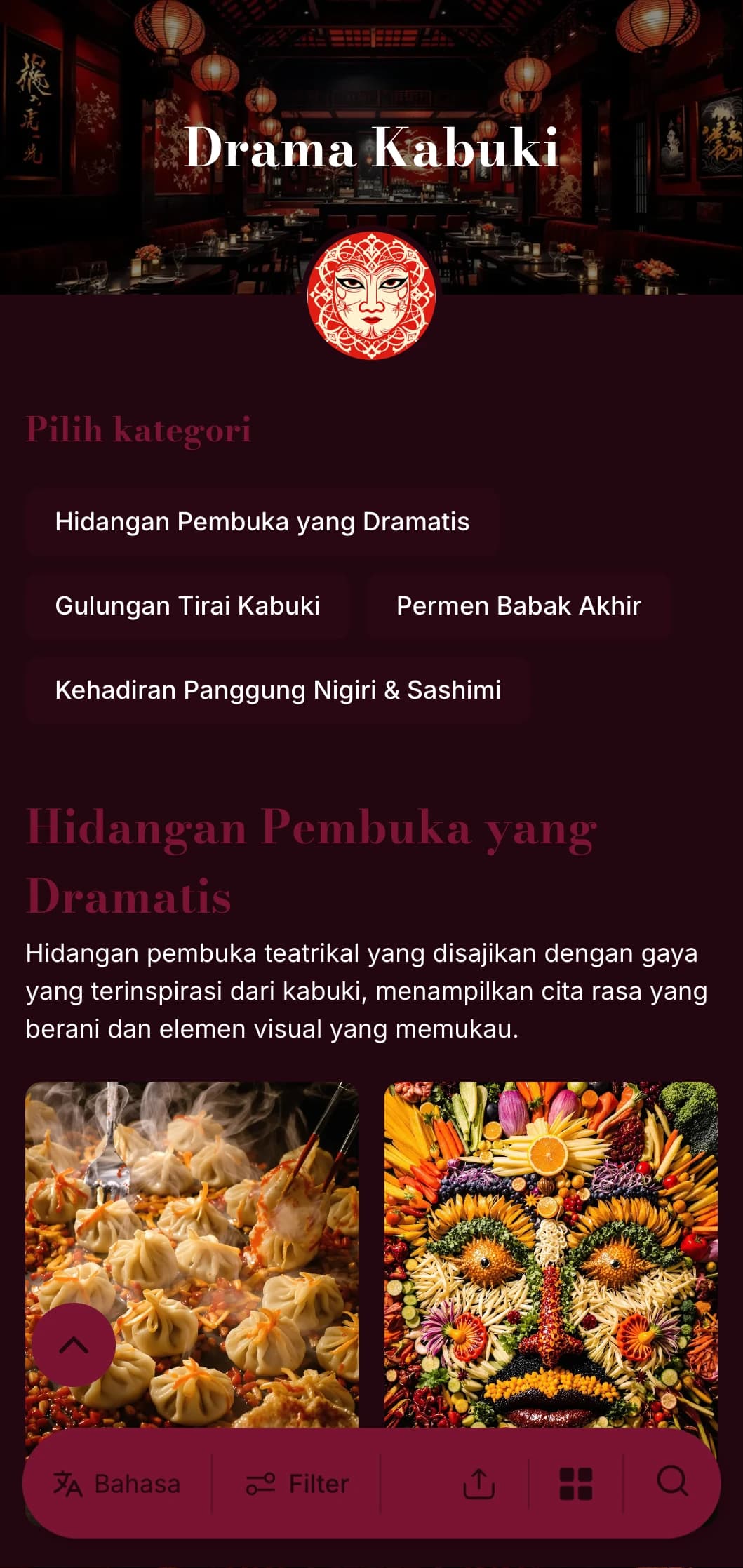Menu sushi teatrikal yang terinspirasi dari Kabuki tradisional, menampilkan kontras merah dan hitam yang dramatis.