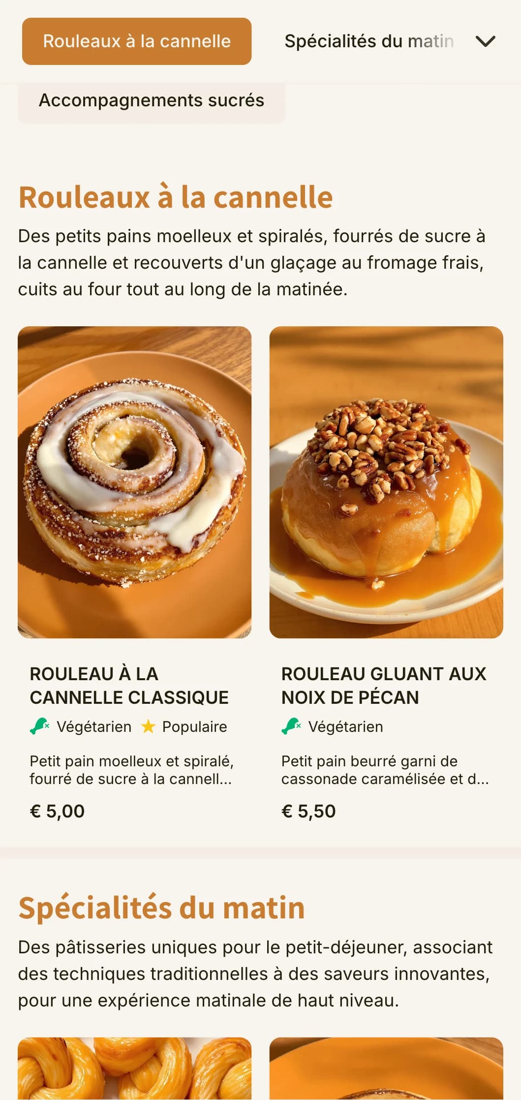 Une conception de menu de boulangerie chaleureuse et invitante avec des tons orange-brun et une typographie conviviale, parfaite pour les magasins de roulés à la cannelle et les spécialistes de la pâtisserie du matin.