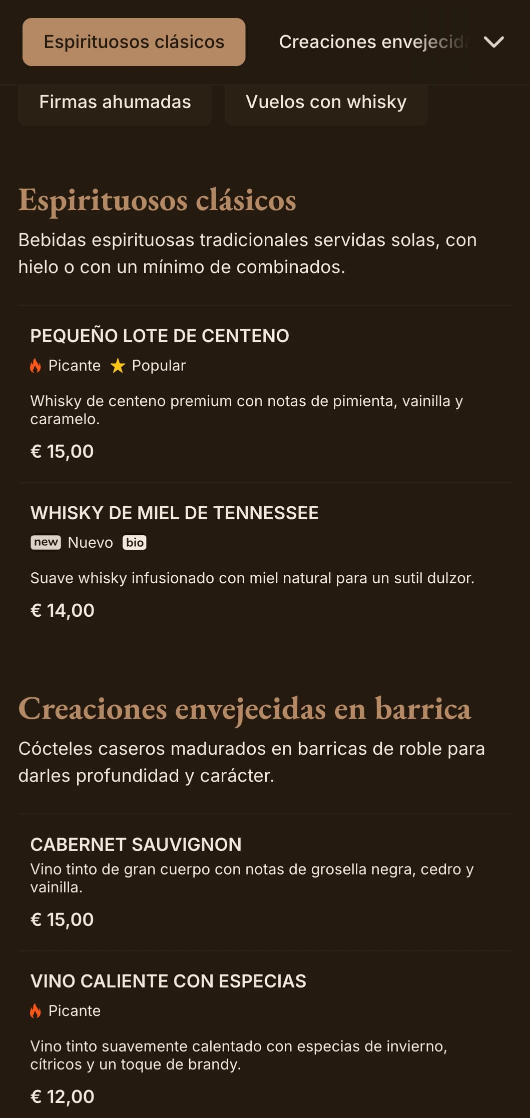 Tonos marrones intensos con tipografía clásica para bares de whisky y pubs tradicionales.