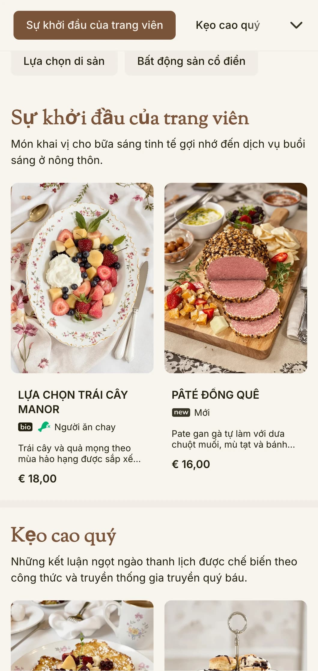 Các món ăn sáng đặc sắc gợi nhớ đến bữa tối ở điền trang, được trình bày theo phong cách thanh lịch truyền thống.