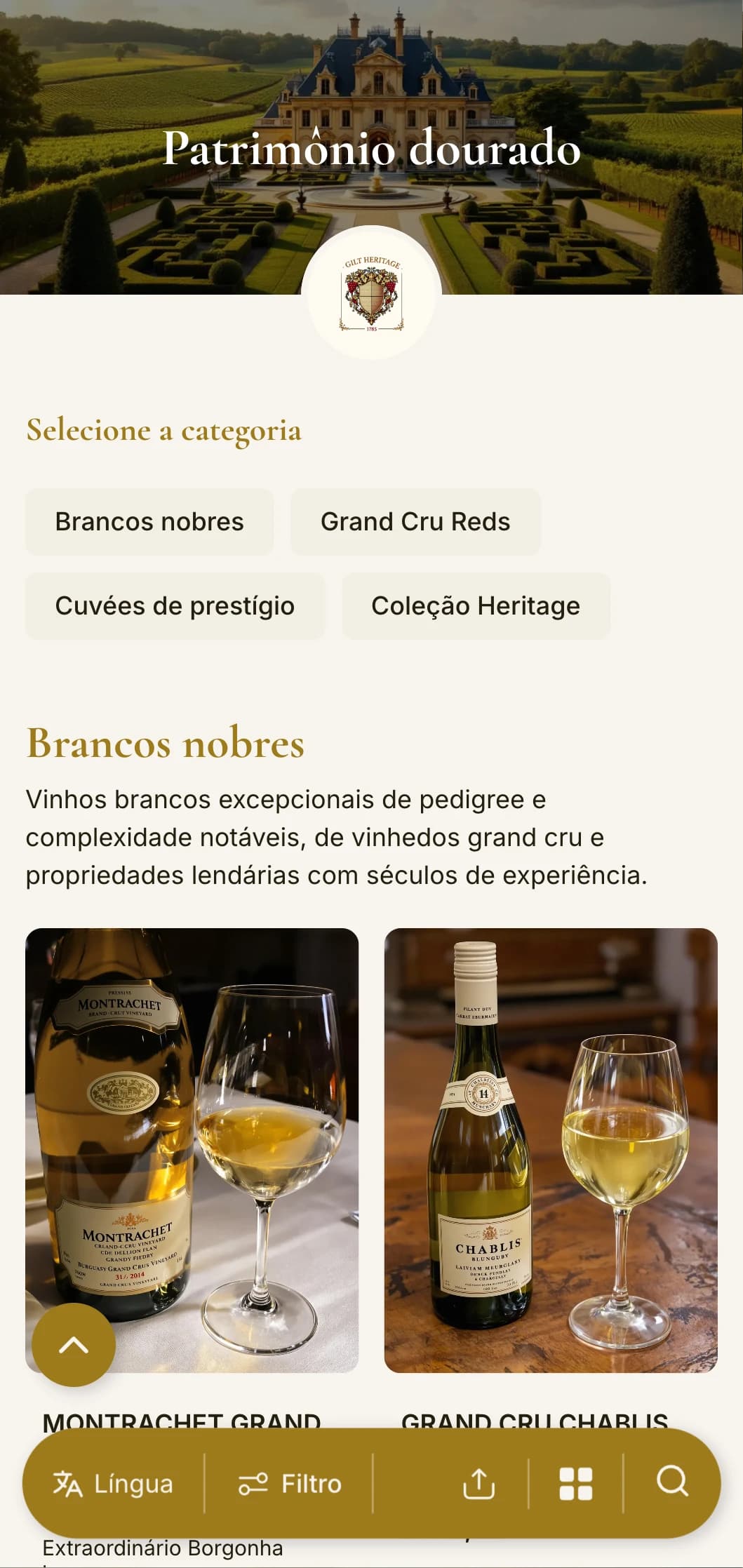 Modelo de carta de vinhos luxuosamente tradicional com detalhes em dourado e elementos históricos, perfeito para vinícolas estabelecidas e restaurantes clássicos de alta gastronomia.