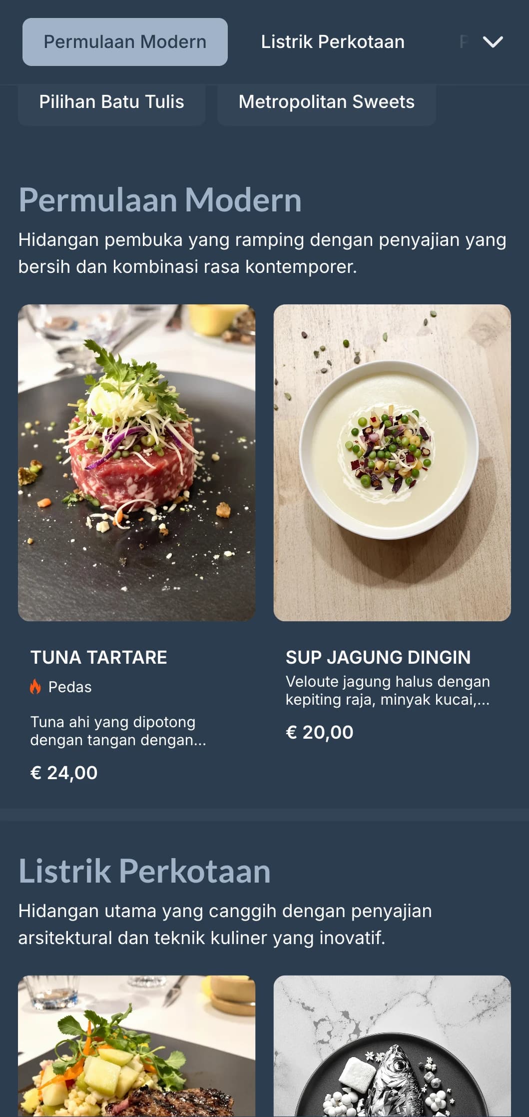 Menu makan malam kontemporer dengan warna batu tulis yang sejuk dan desain geometris yang bersih, cocok untuk restoran perkotaan modern.