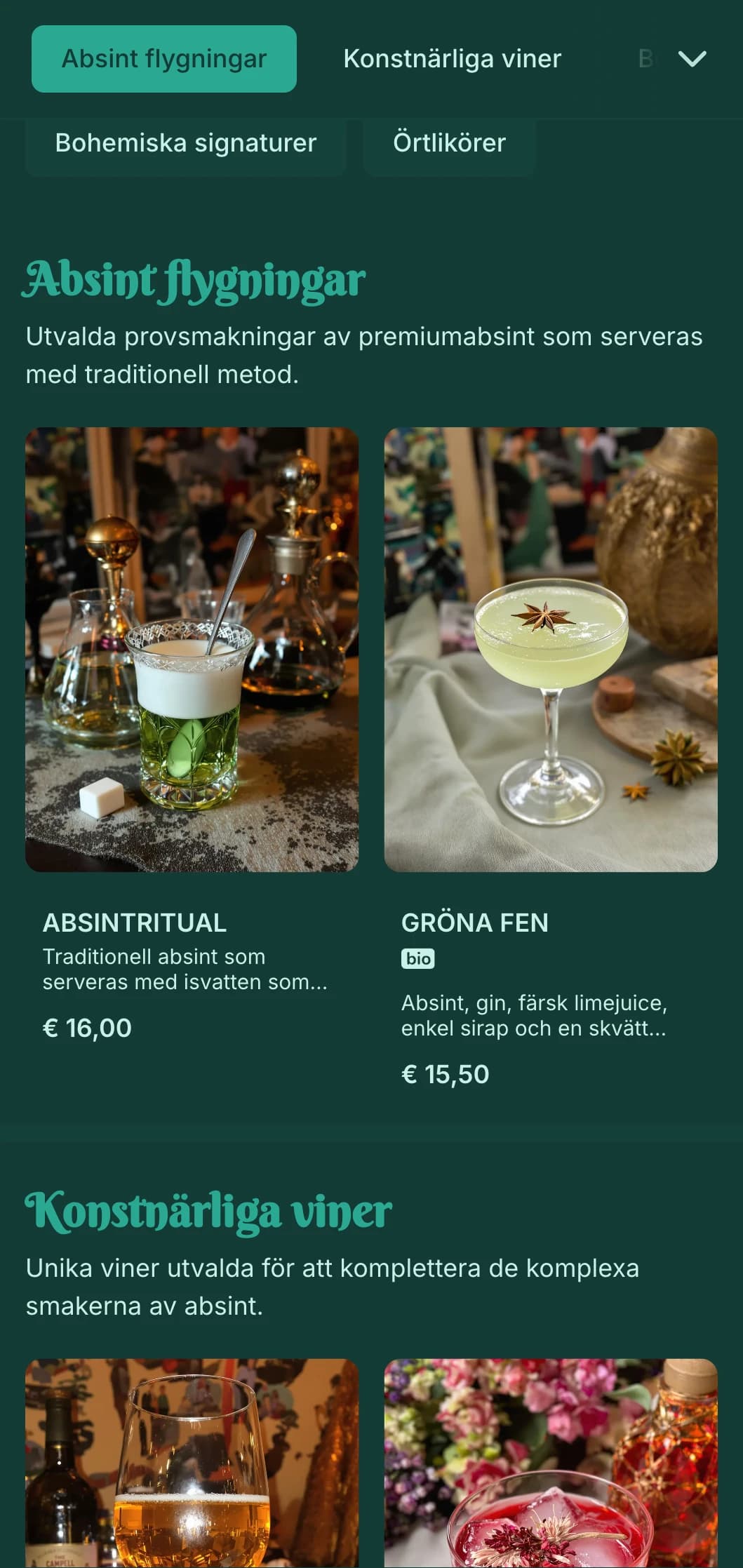 Smaragdgrön design med art nouveau-element för absint- och spritlounger.