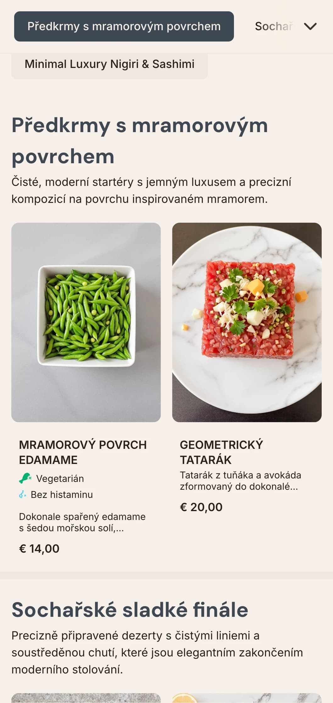 Luxusní moderní sushi menu s jemnou mramorovou texturou a čistým minimalistickým designem.