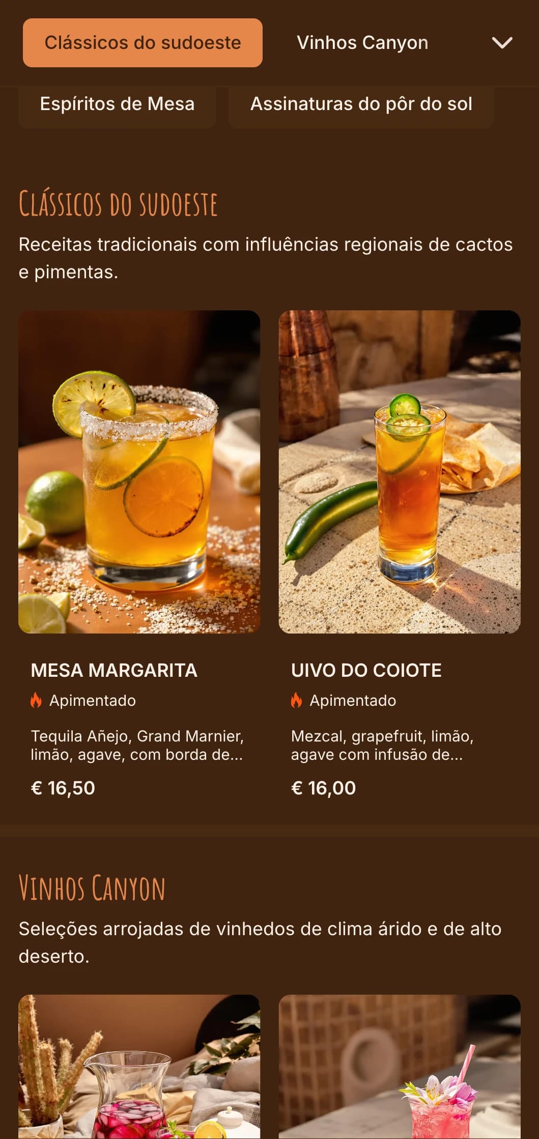 Design laranja e dourado brilhante inspirado no pôr do sol do deserto para bares do sudoeste americano.