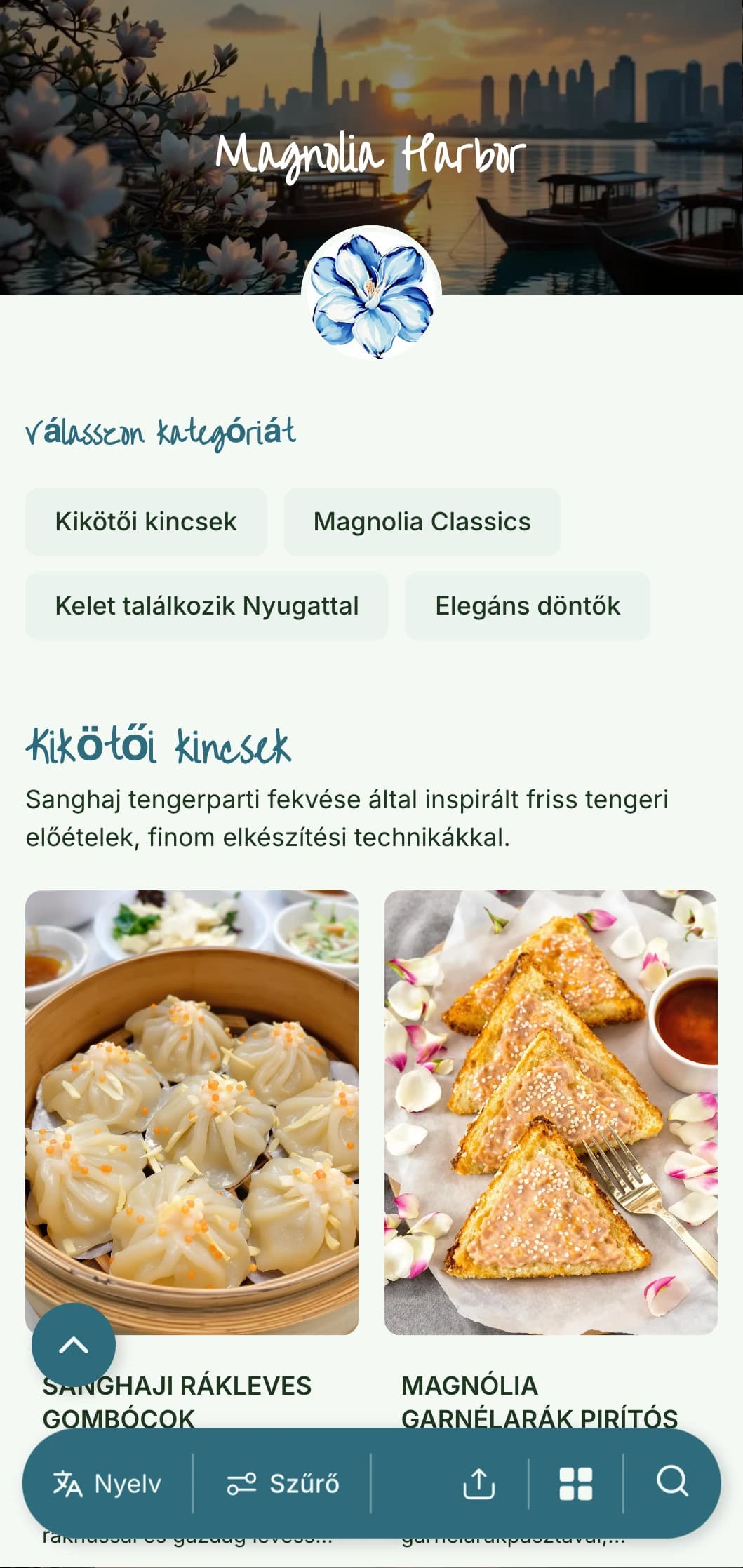 A sanghaji konyha és a kikötői esztétika által ihletett elegáns kínai menü kialakítása, virágos akcentusokkal a kifinomult étkezéshez.