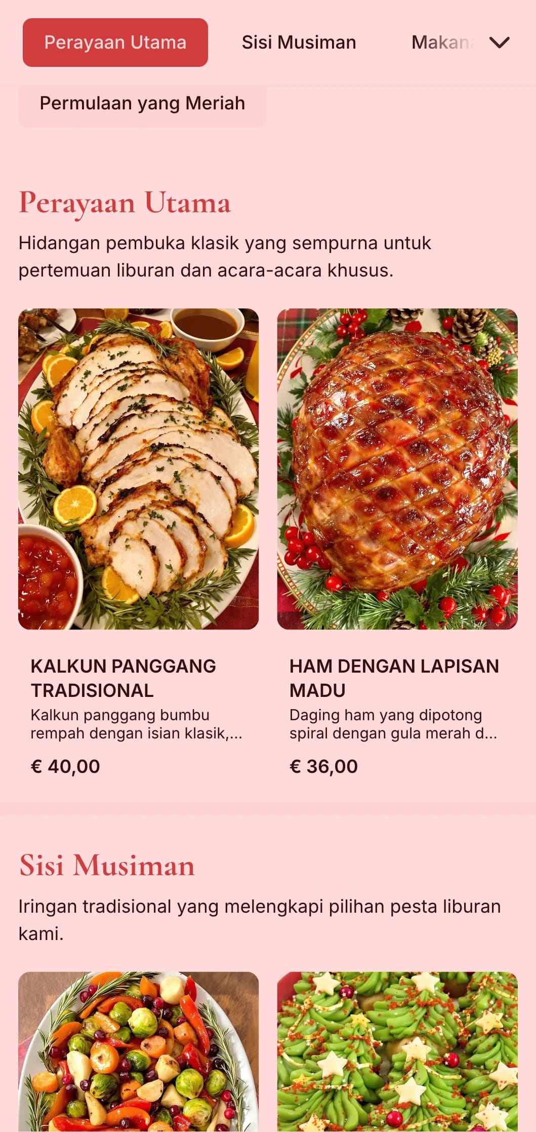 Katering bertema liburan tradisional dengan hidangan khas musiman, presentasi yang meriah, dan elemen perayaan untuk pertemuan musim dingin dan acara-acara khusus.