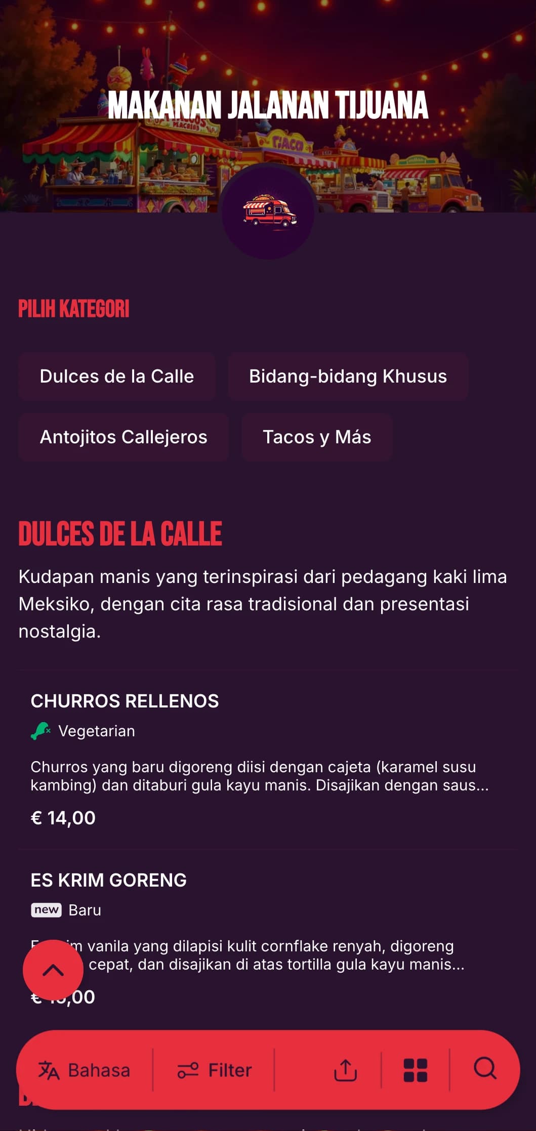 Menu makanan jalanan yang berani dan energik yang terinspirasi dari kancah makanan Tijuana yang semarak dengan warna-warna cerah, tipografi kasual, dan spesialisasi taco yang otentik.