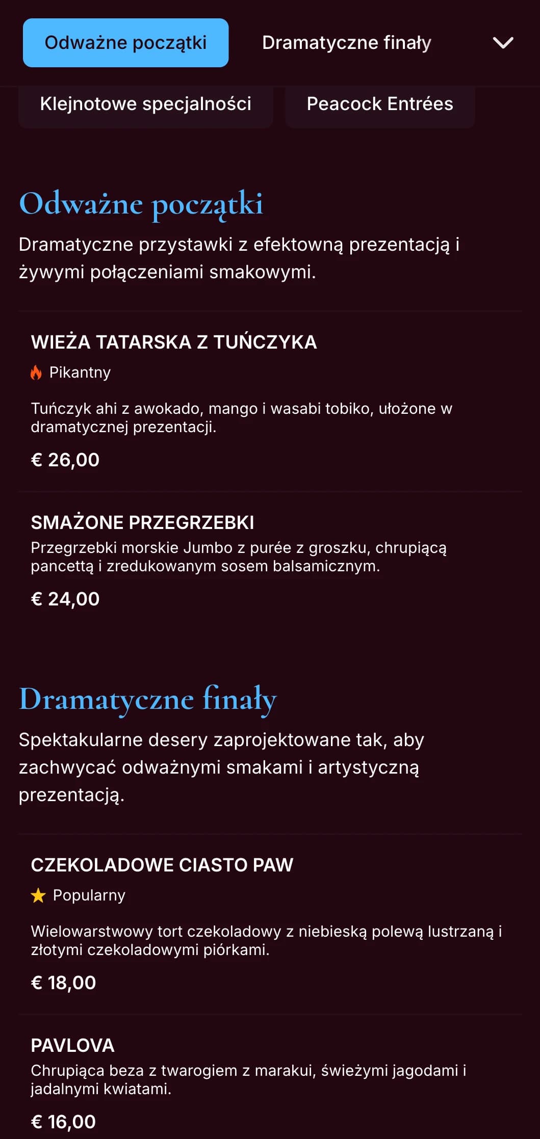 Uderzające pawio-niebieskie menu obiadowe z bogatymi odcieniami klejnotów i dramatyczną stylizacją, zaprojektowane dla restauracji o odważnym charakterze.