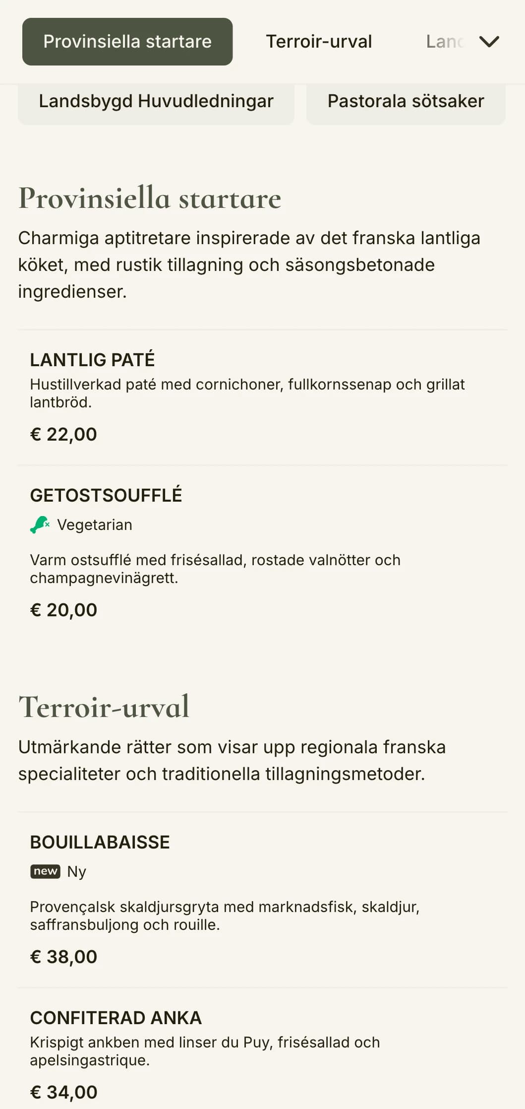 En charmig middagsmeny inspirerad av den franska landsbygdens estetik, med salviagröna toner och rustik elegans.