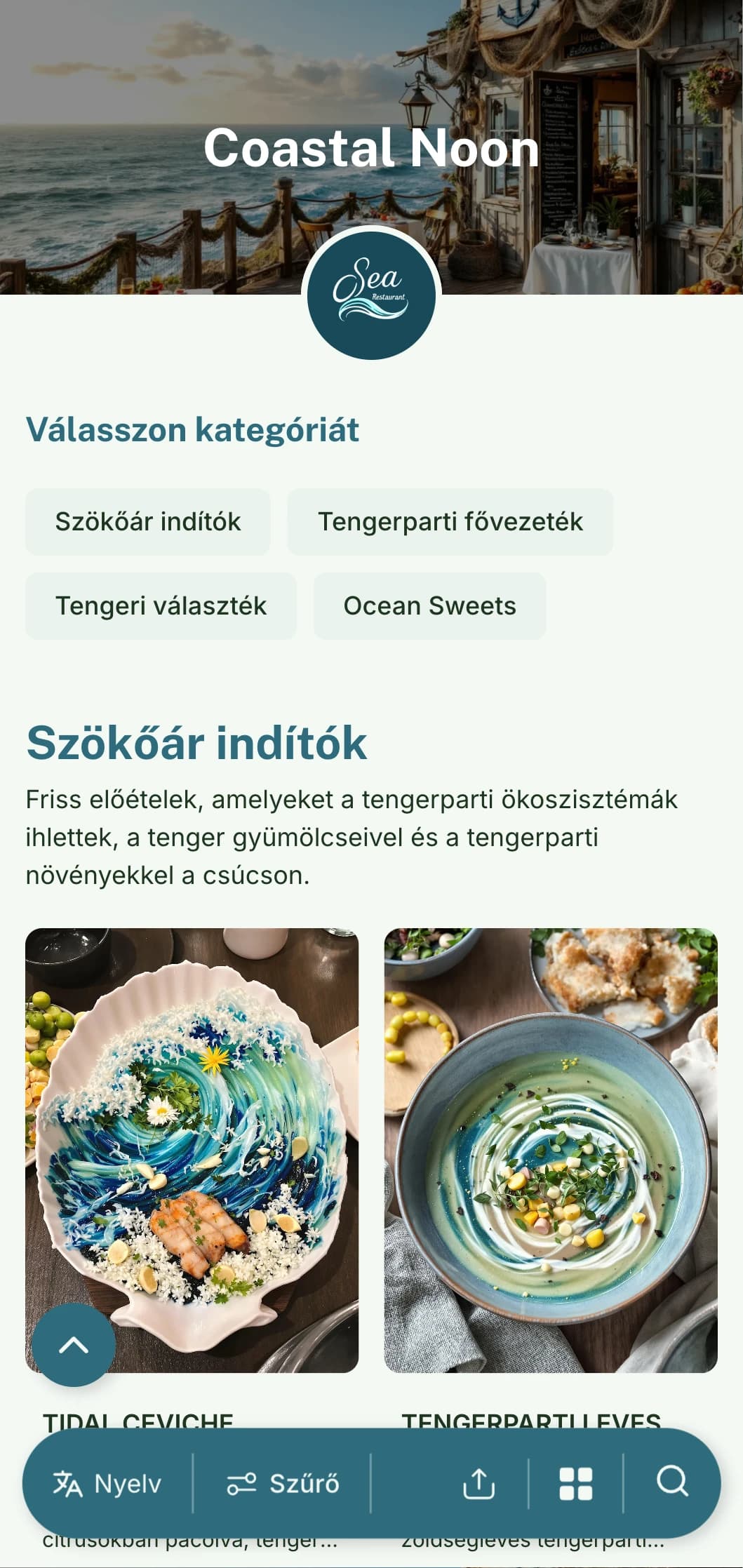 Friss, tengerparti ihletésű, tengerparti elemekkel és óceáni utalásokkal ellátott, tengerparti éttermek és vízparti éttermek számára ideális ebédmenü-tervezés.