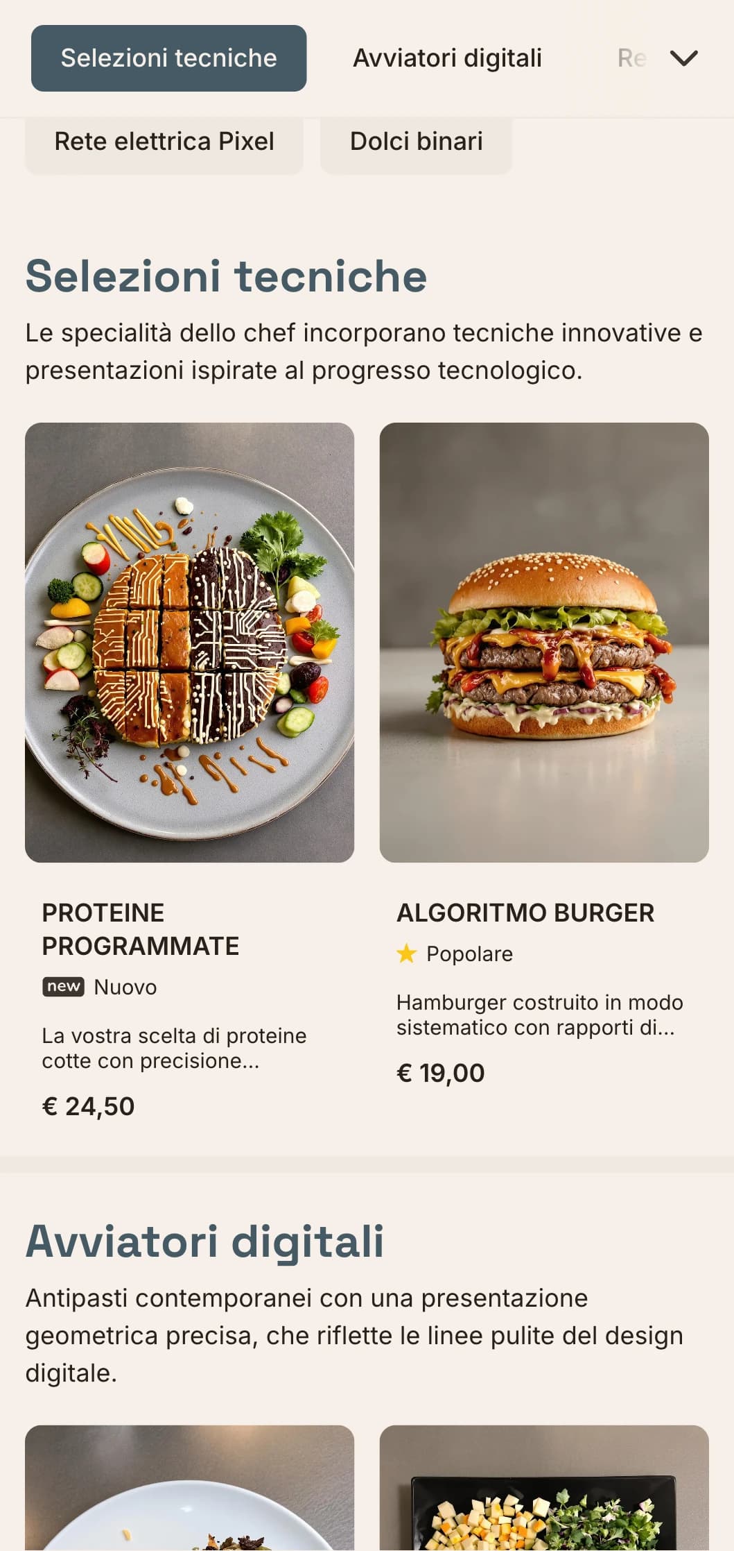 Design del menu del pranzo di ispirazione digitale con estetica tecnologica e layout preciso a griglia, perfetto per i ristoranti nei distretti dell'innovazione e vicino alle aziende tecnologiche.