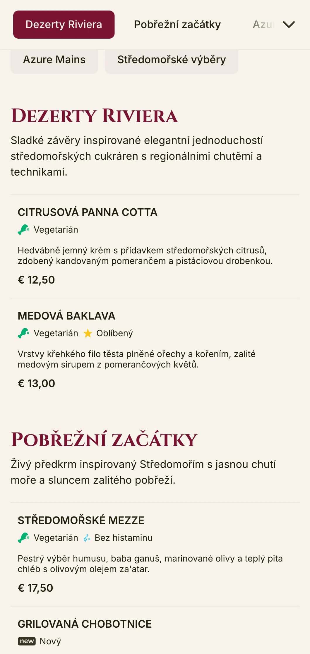 Výrazný design poledního menu inspirovaný Středomořím s živými akcenty a elegantním uspořádáním, ideální pro luxusní restaurace u moře a prázdninové destinace.