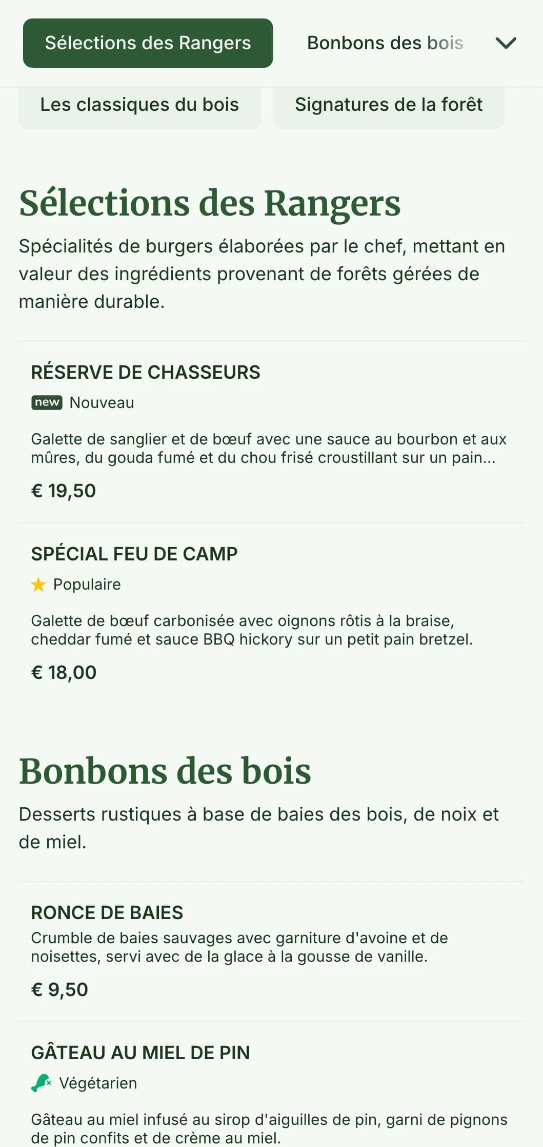 Un hamburger inspiré de la forêt, avec des textures en bois et une palette de couleurs terreuses.