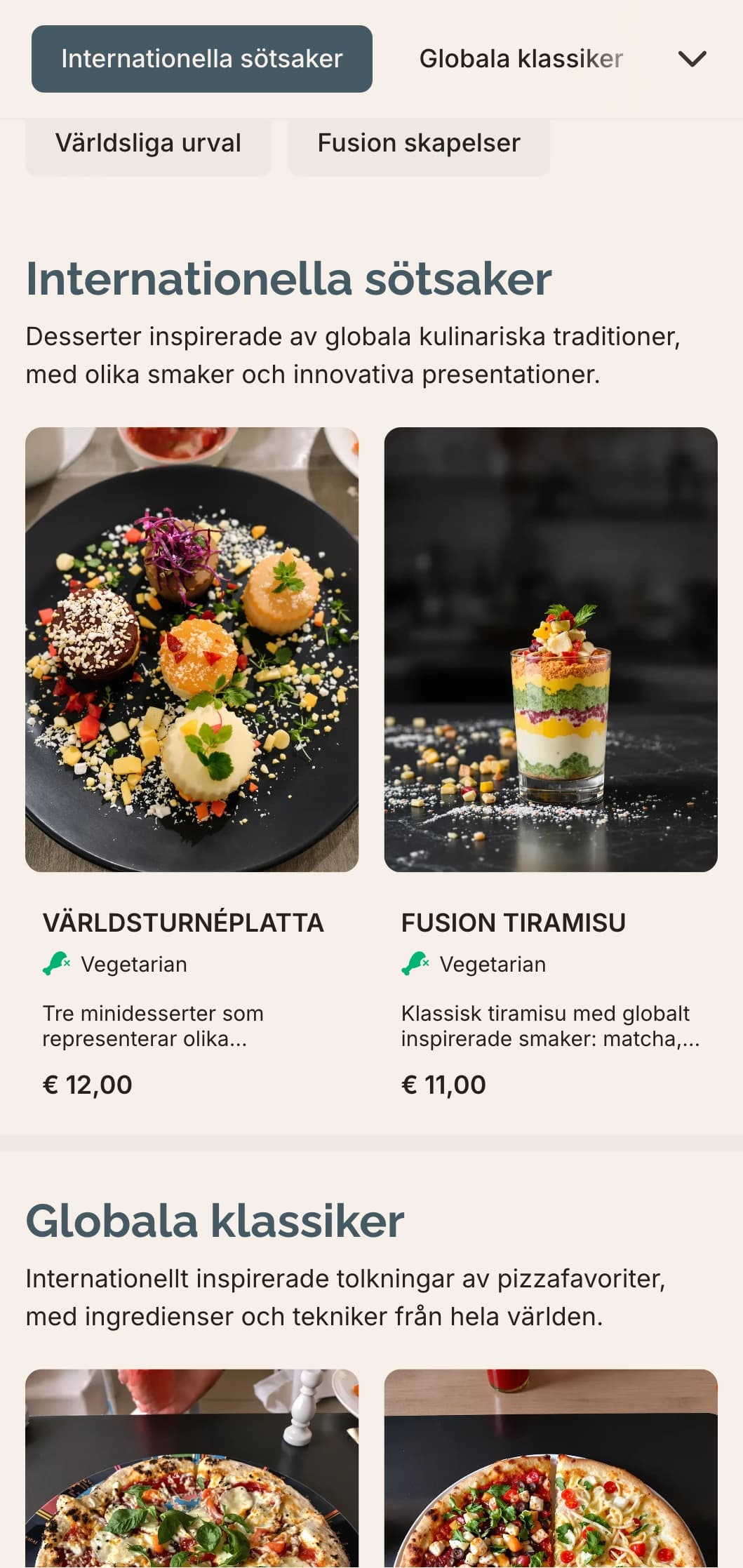 Global fusion-pizzameny med modern design för innovativa smakkombinationer.