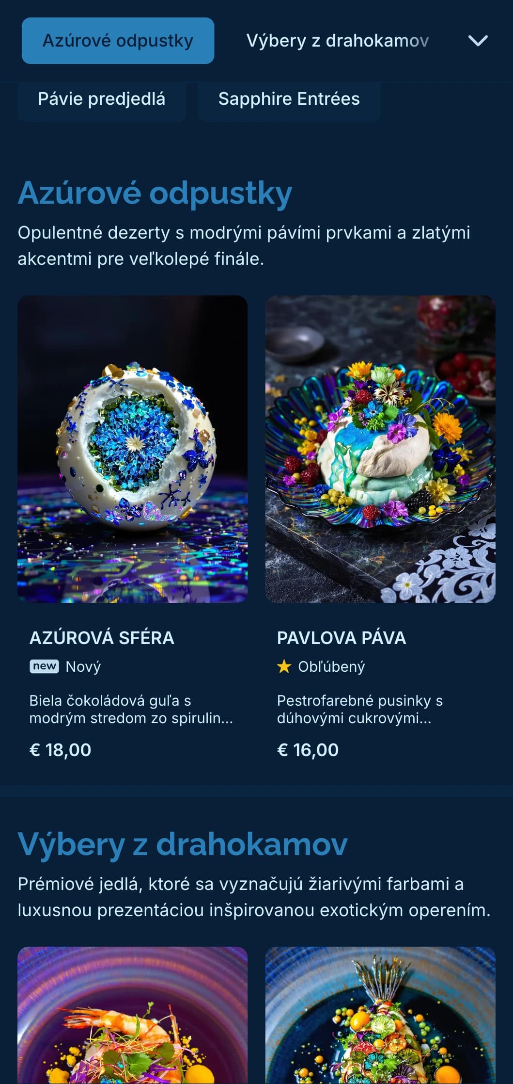 Žiarivý a zároveň sofistikovaný koncept s pávími modrými tónmi a jemnými zlatými akcentmi pre luxusný zážitok z jedla.