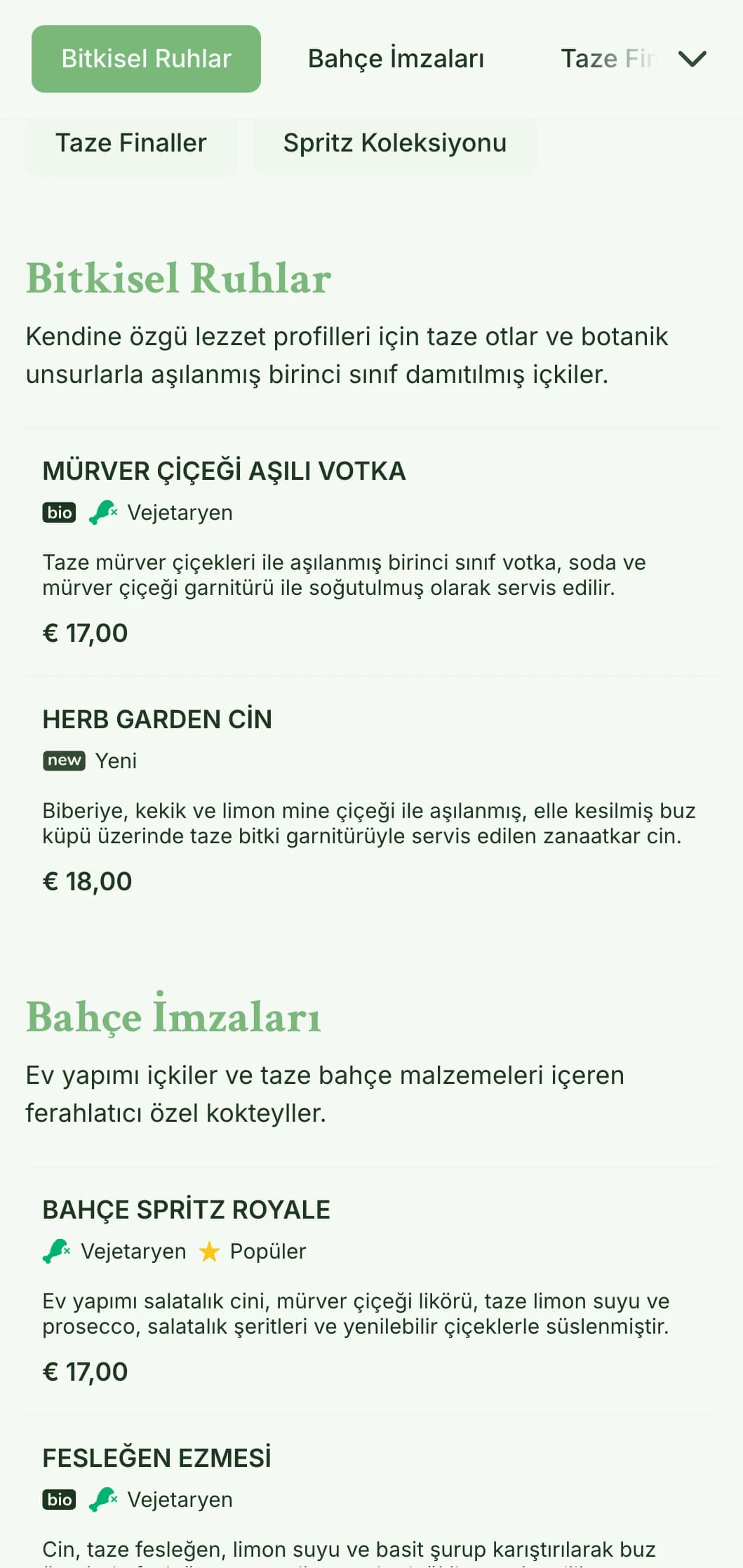 Spritzers ve taze botanik kokteyller konusunda uzmanlaşmış barlar için hafif, havadar tipografi içeren taze, bahçeden ilham alan bir tasarım.