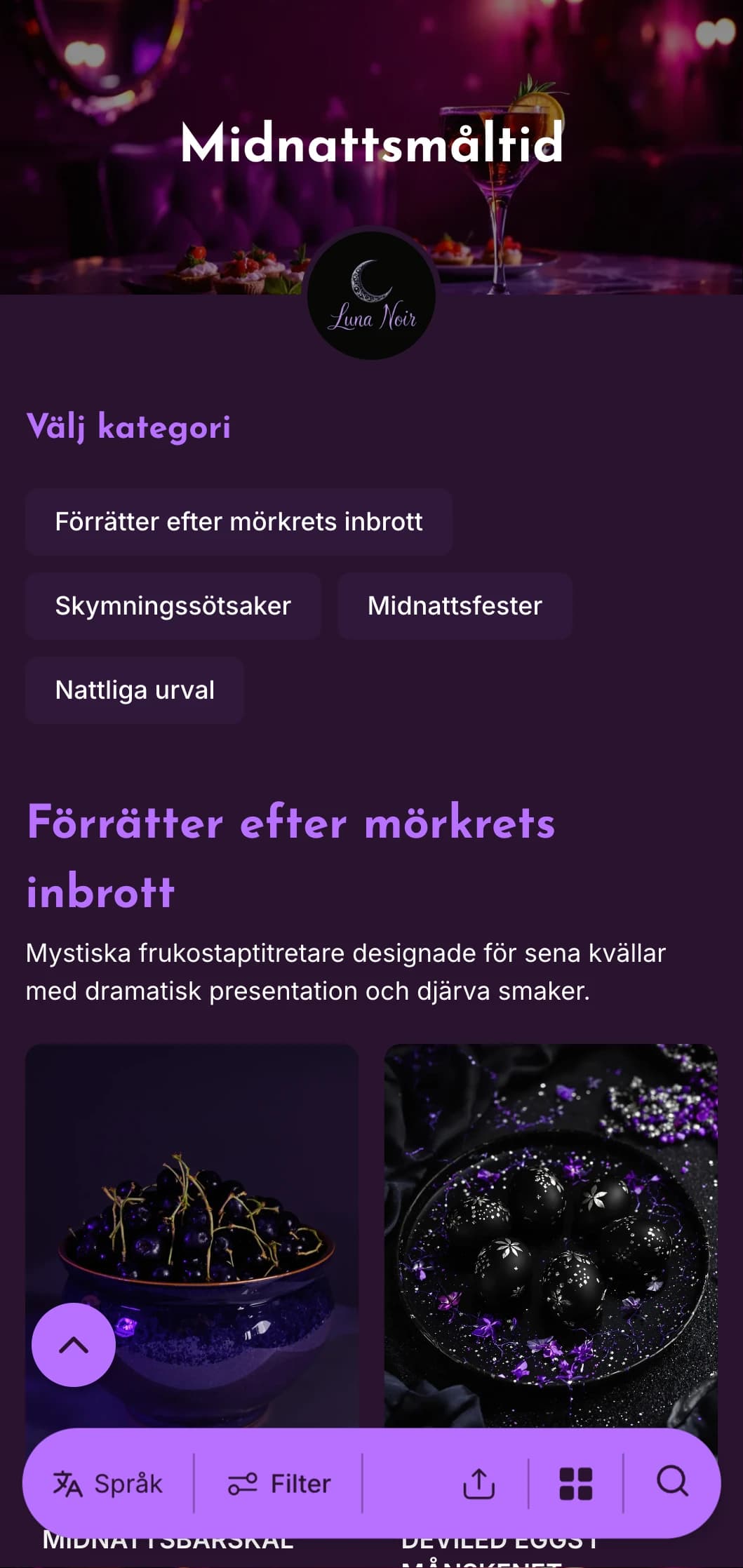 Djupt lila mall med ljusa accenter, perfekt för brunchbjudningar sent på kvällen och frukostar med cocktail.