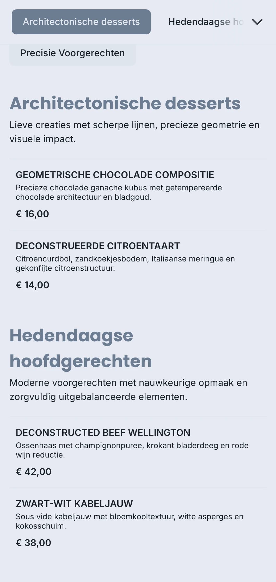 Strak, gestructureerd cateringontwerp met geometrische plating, precieze porties en monochrome kleurenschema's voor eigentijdse evenementen.