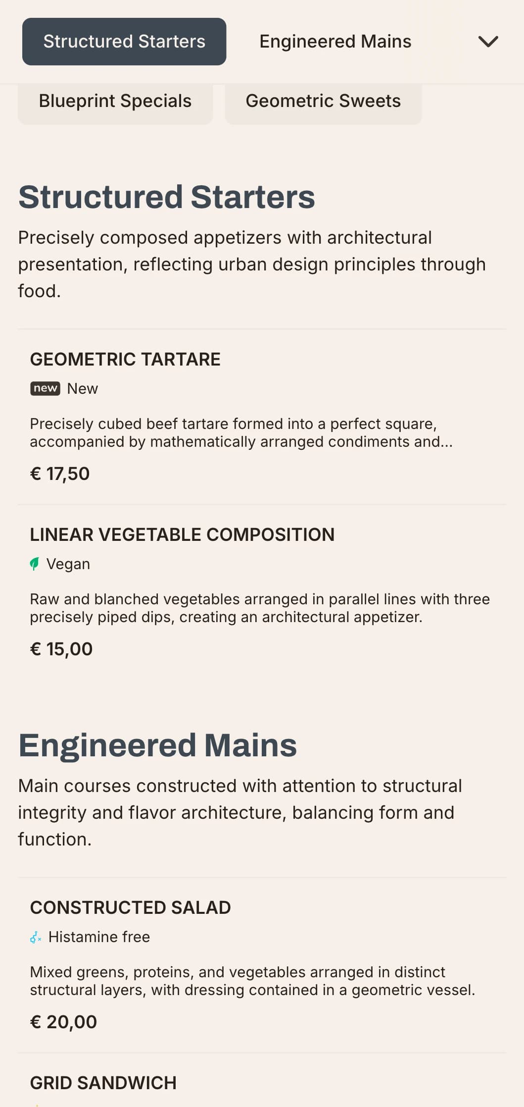 Bold, architectural lunch menu design with strong lines and urban elements, ideal for contemporary restaurants in business districts and modern developments.