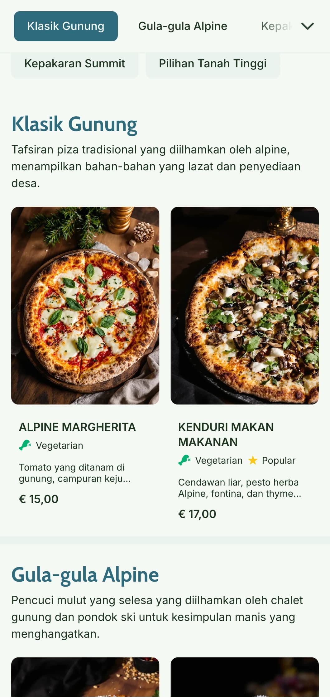 Menu piza berinspirasikan gunung dengan unsur semula jadi dan estetika alpine desa.