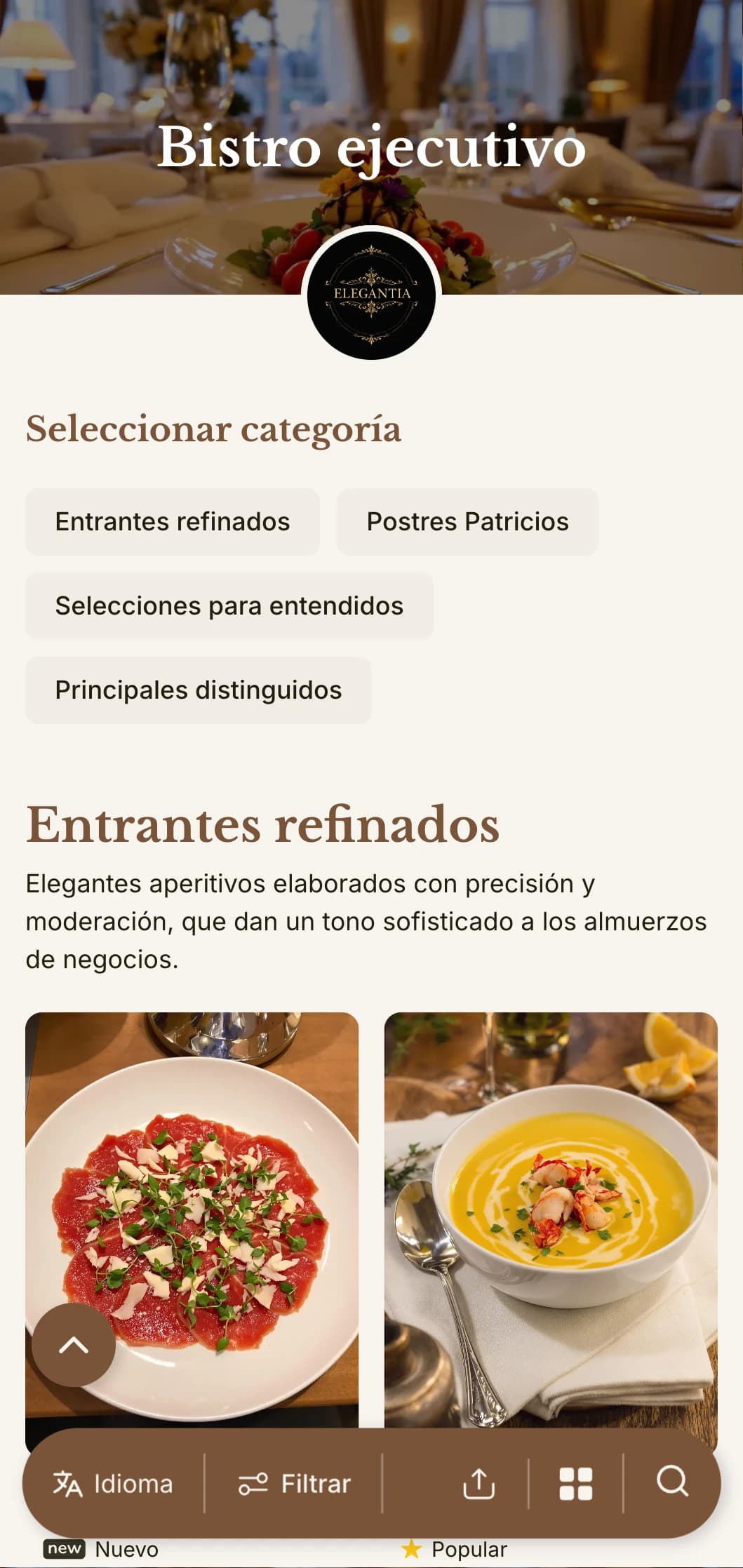 Sofisticado diseño de menú de almuerzo con tipografía refinada y espaciado elegante, pensado para restaurantes de hoteles de lujo y comedores de ejecutivos que atienden a profesionales de negocios.