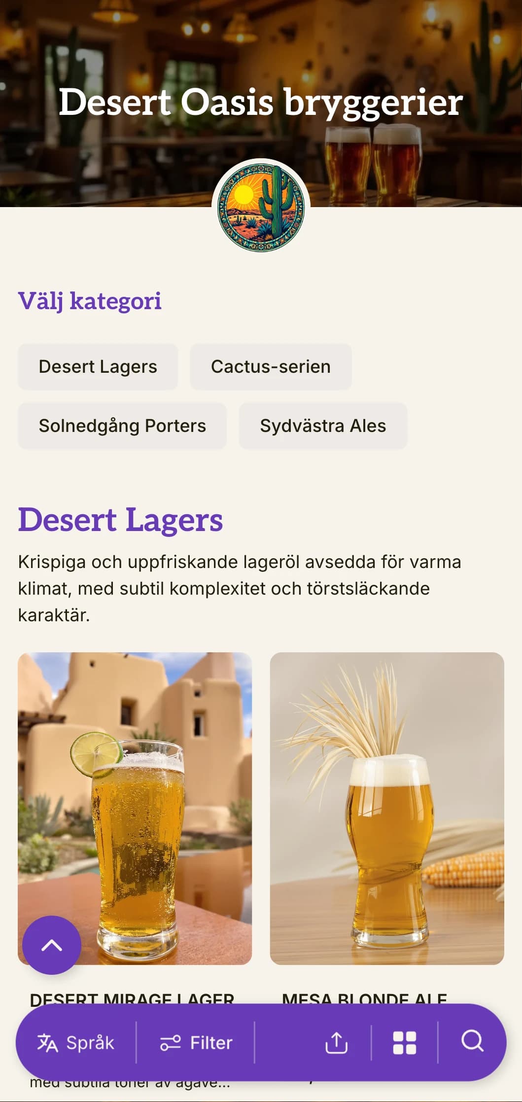Varm, jordnära mall inspirerad av sydvästliga landskap, perfekt för ökenbryggerier och barer med sydvästligt tema.