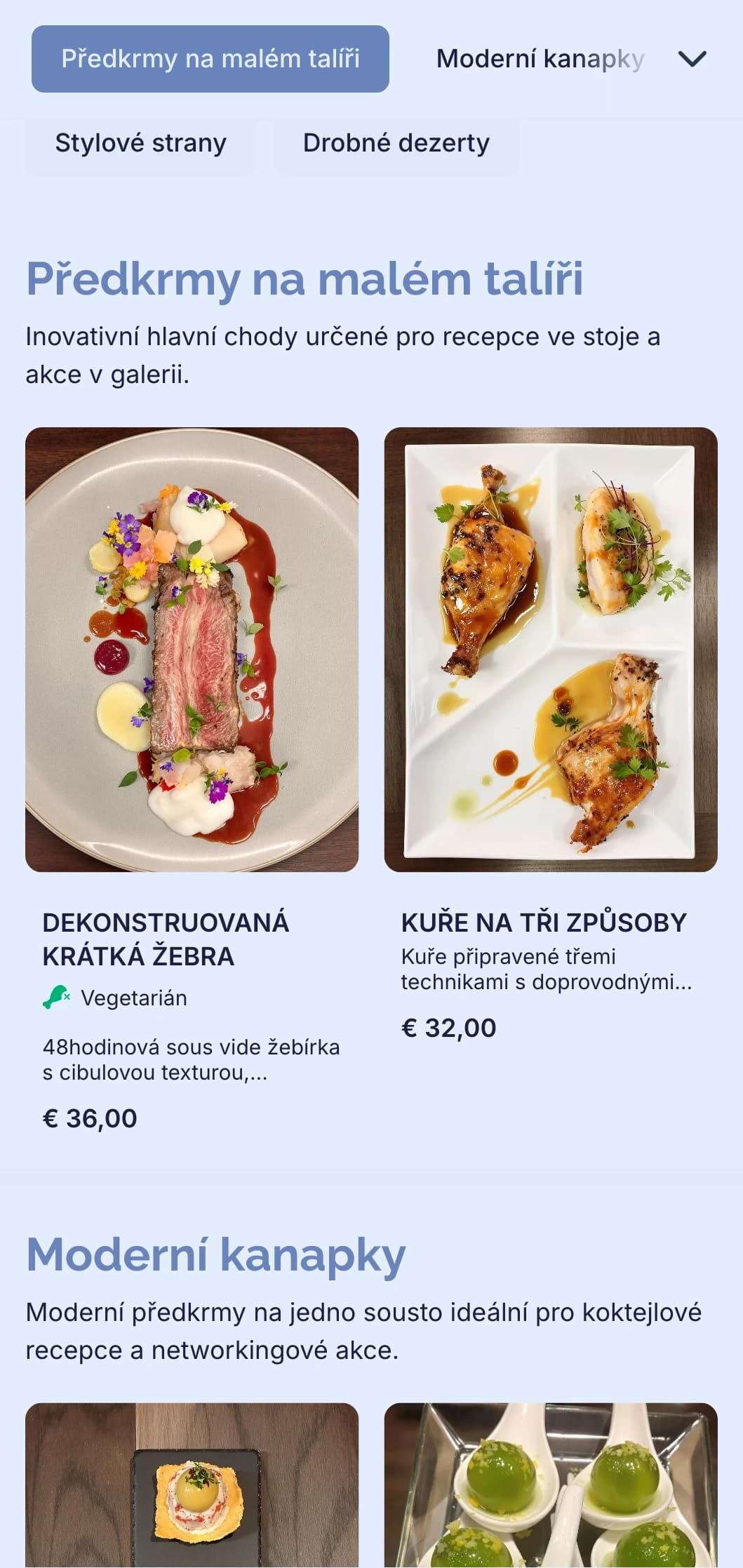 Stylový moderní catering pro koktejlové akce s inovativními kanapkami, malými sousty a moderní prezentací pro networkingové akce a vernisáže galerií.