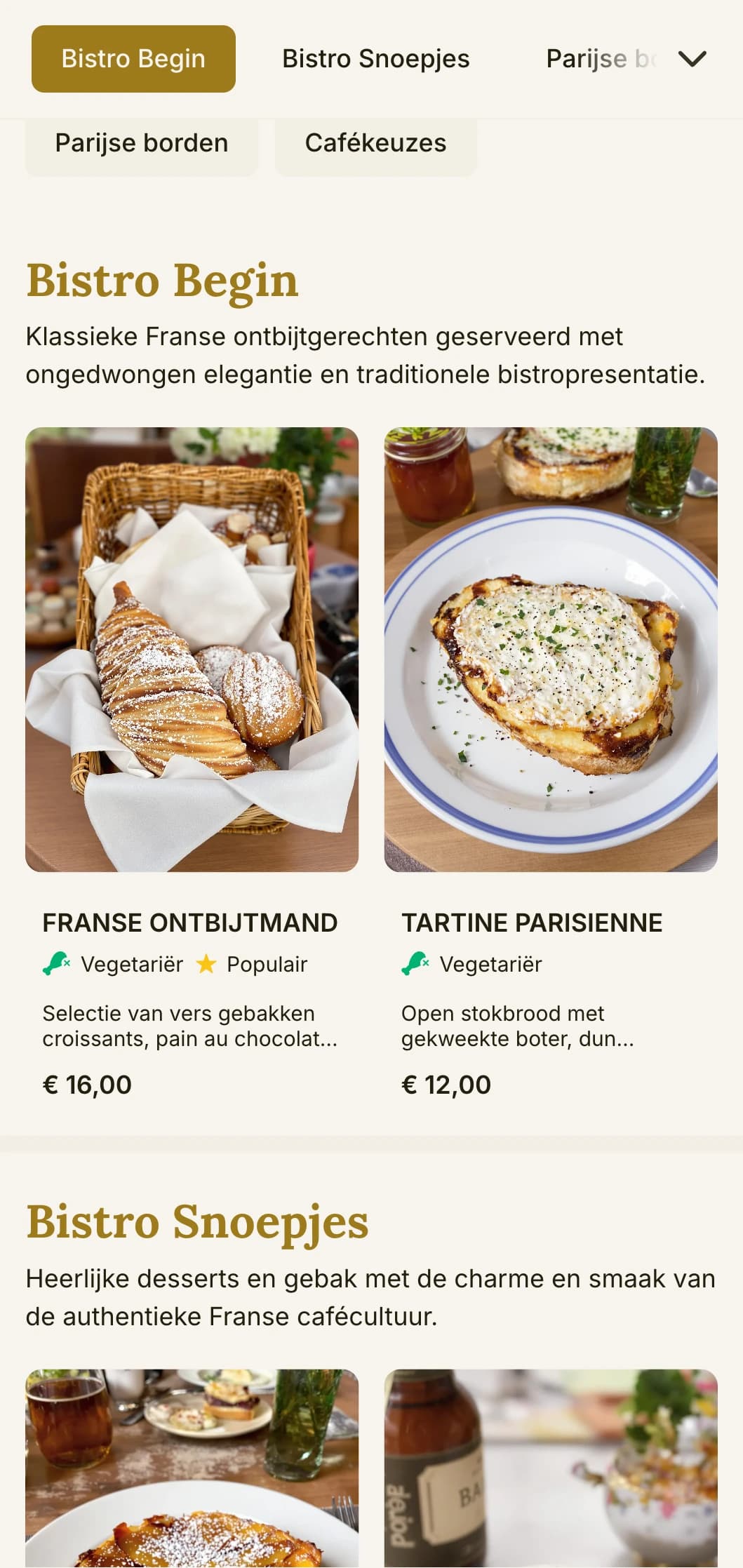 Op de Franse bistro geïnspireerde brunchsjabloon met klassieke elementen, geschikt voor cafés in Europese stijl en casual fine dining.