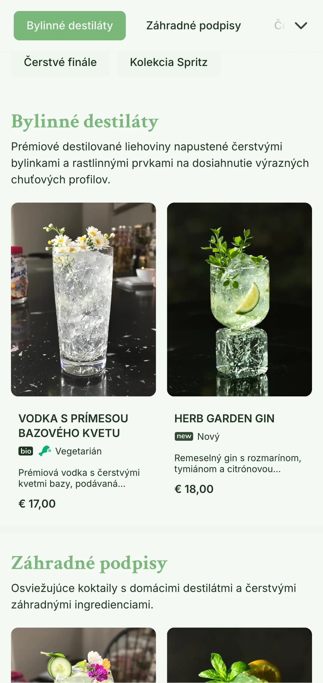 Svieži, záhradou inšpirovaný dizajn pre bary špecializujúce sa na spritzery a svieže botanické koktaily s ľahkou, vzdušnou typografiou.