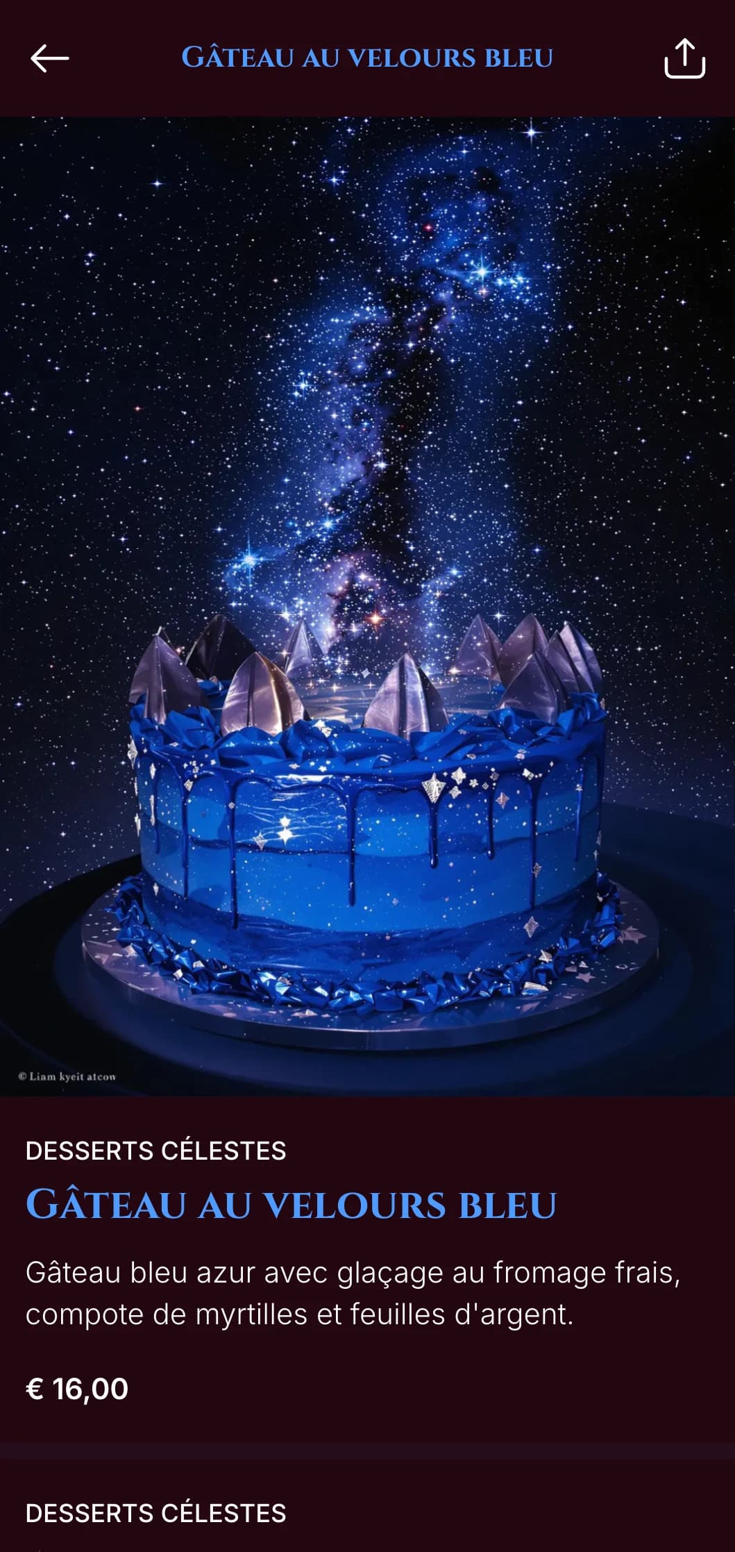 Un menu bleu nuit spectaculaire avec des accents dorés, conçu pour les lieux de restauration du soir à l'atmosphère luxueuse.