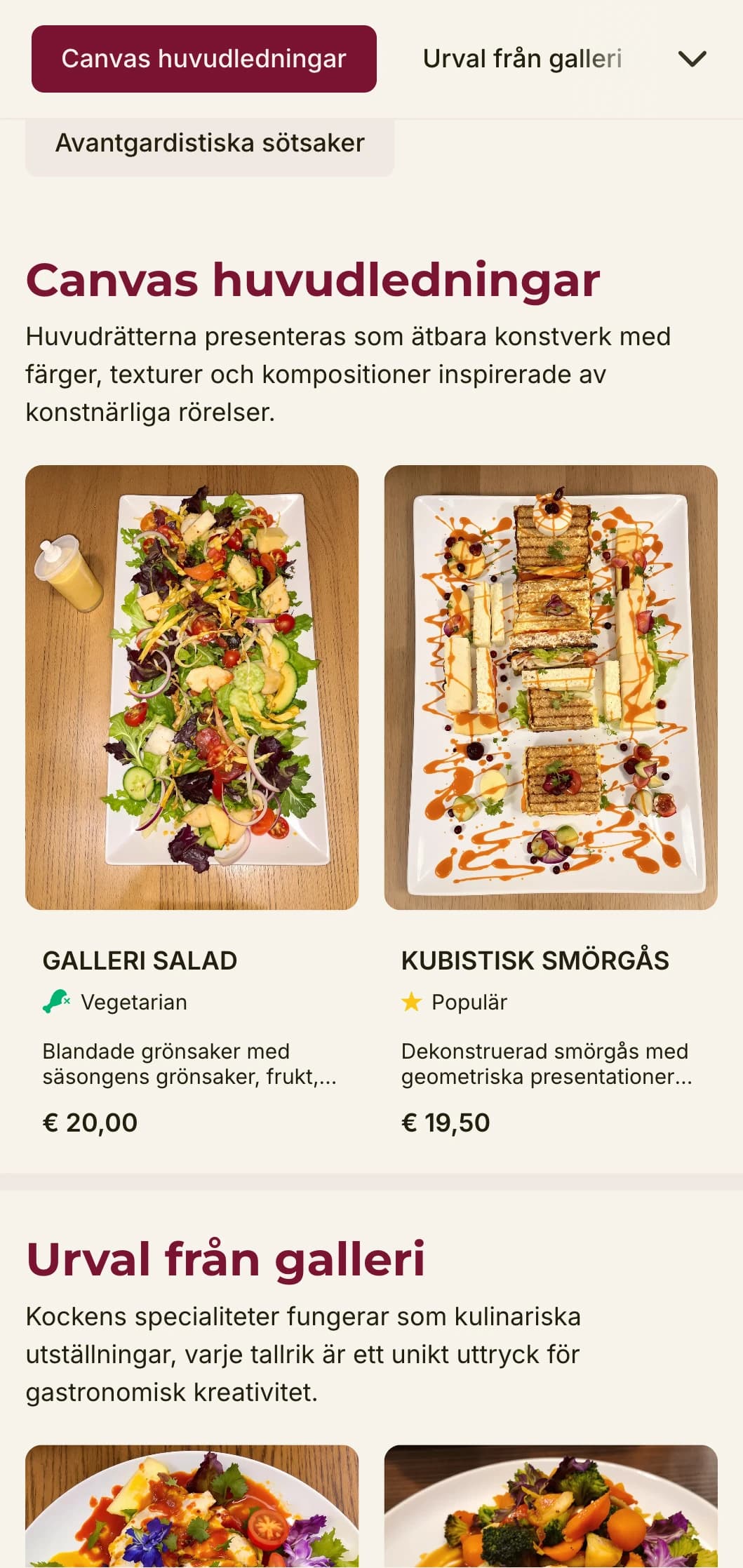 Kreativ, konstinspirerad lunchmenydesign med djärva färgaccenter och uttrycksfull layout, perfekt för restauranger nära gallerier och konstnärsdistrikt.
