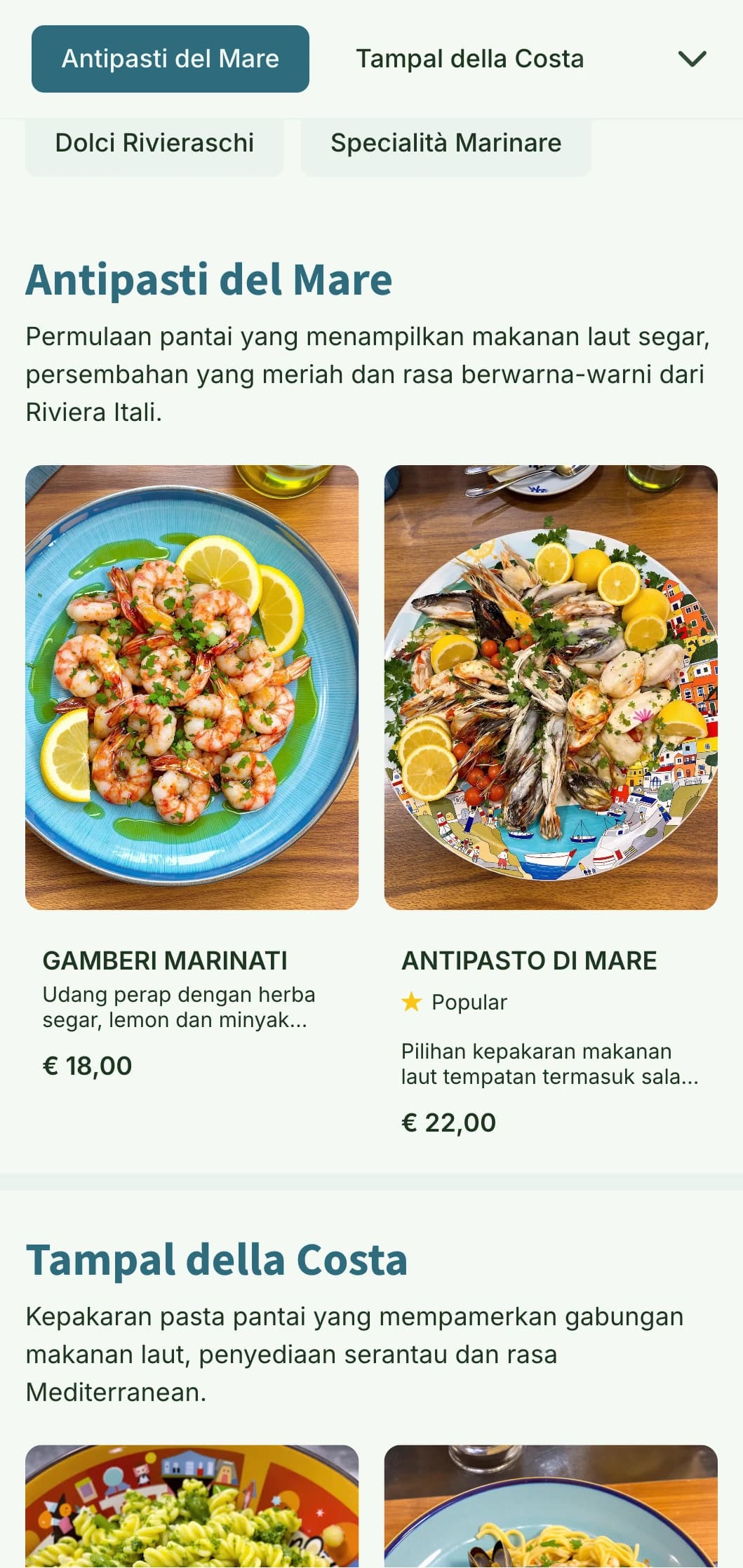 Reka bentuk meriah yang diilhamkan oleh perkampungan nelayan berwarna-warni di Cinque Terre dan masakan Itali pantai.