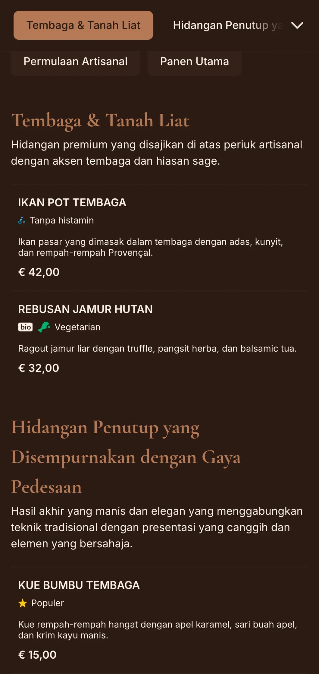 Keanggunan pedesaan yang halus dengan warna tembaga yang hangat dan aksen bijak, sempurna untuk hidangan mewah dari kebun dan santapan musiman.