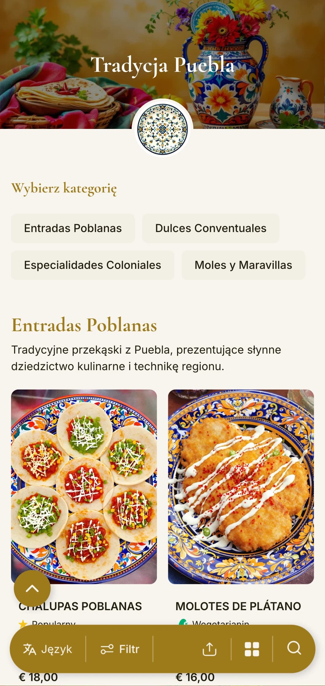 Wyrafinowane menu celebrujące bogate dziedzictwo kulinarne Puebla ze złotymi akcentami, wzorami talavera i autentycznymi potrawami mole poblano.