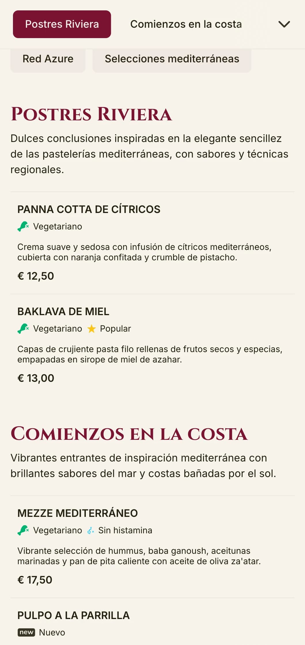 Llamativo diseño de menú de mediodía de inspiración mediterránea con acentos vibrantes y elegante diseño, perfecto para restaurantes de lujo junto al mar y destinos vacacionales.