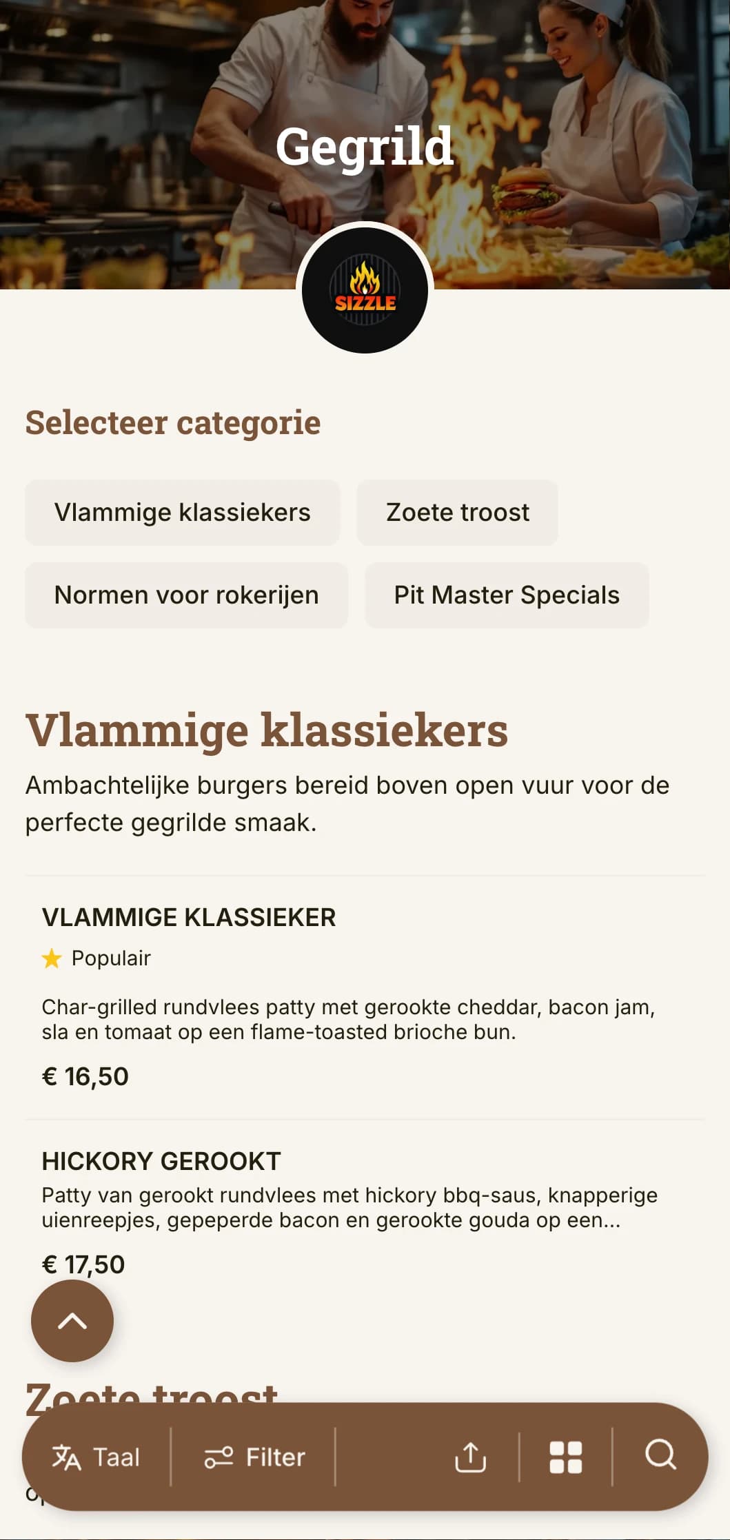 Gedurfd ontwerp gericht op de grill met warme houttinten en vlamaccenten voor een authentieke hamburgerervaring op houtskool.