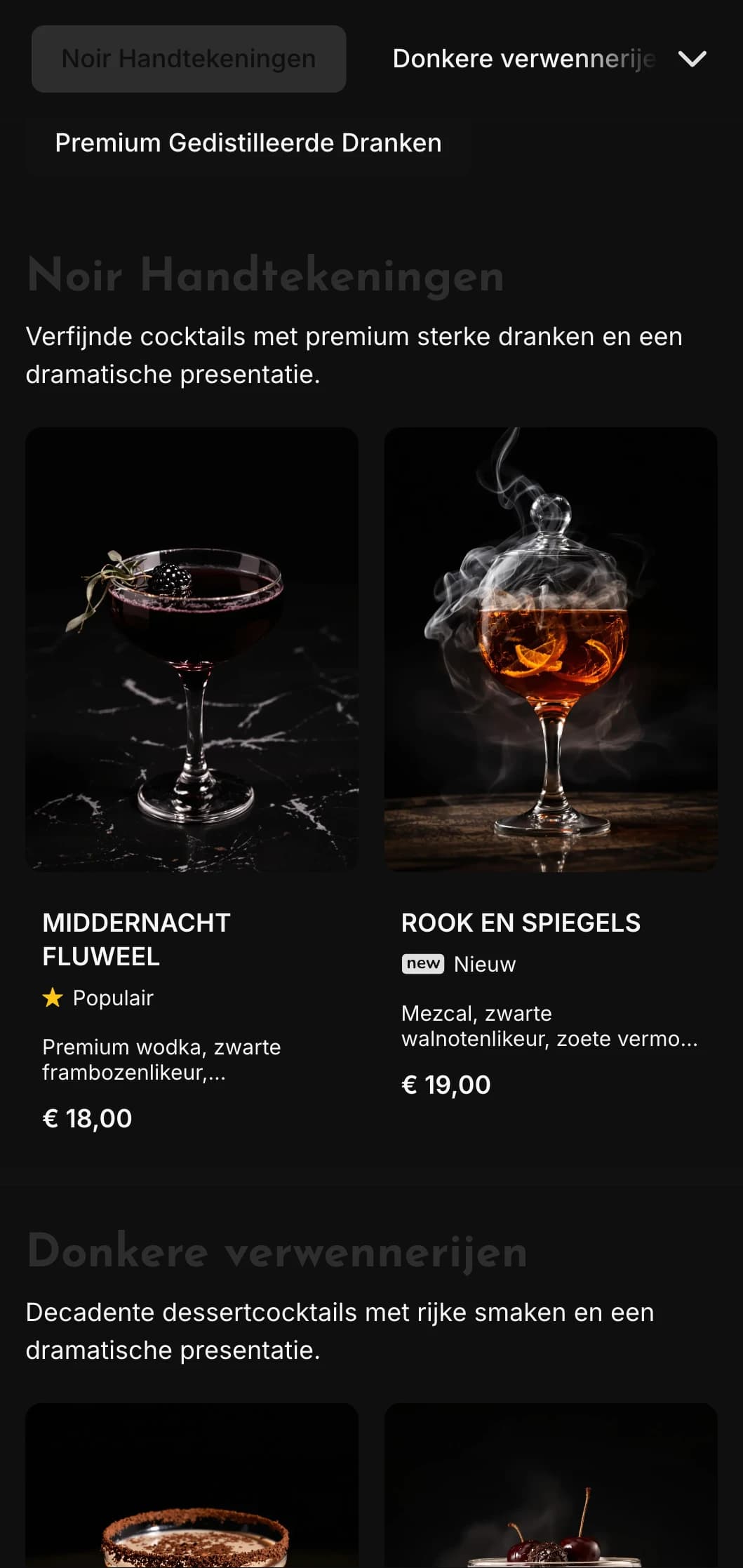 Een strak, donker ontwerp voor eigentijdse cocktaillounges en nachtclubs met contrastrijke elementen en gedurfde typografie.