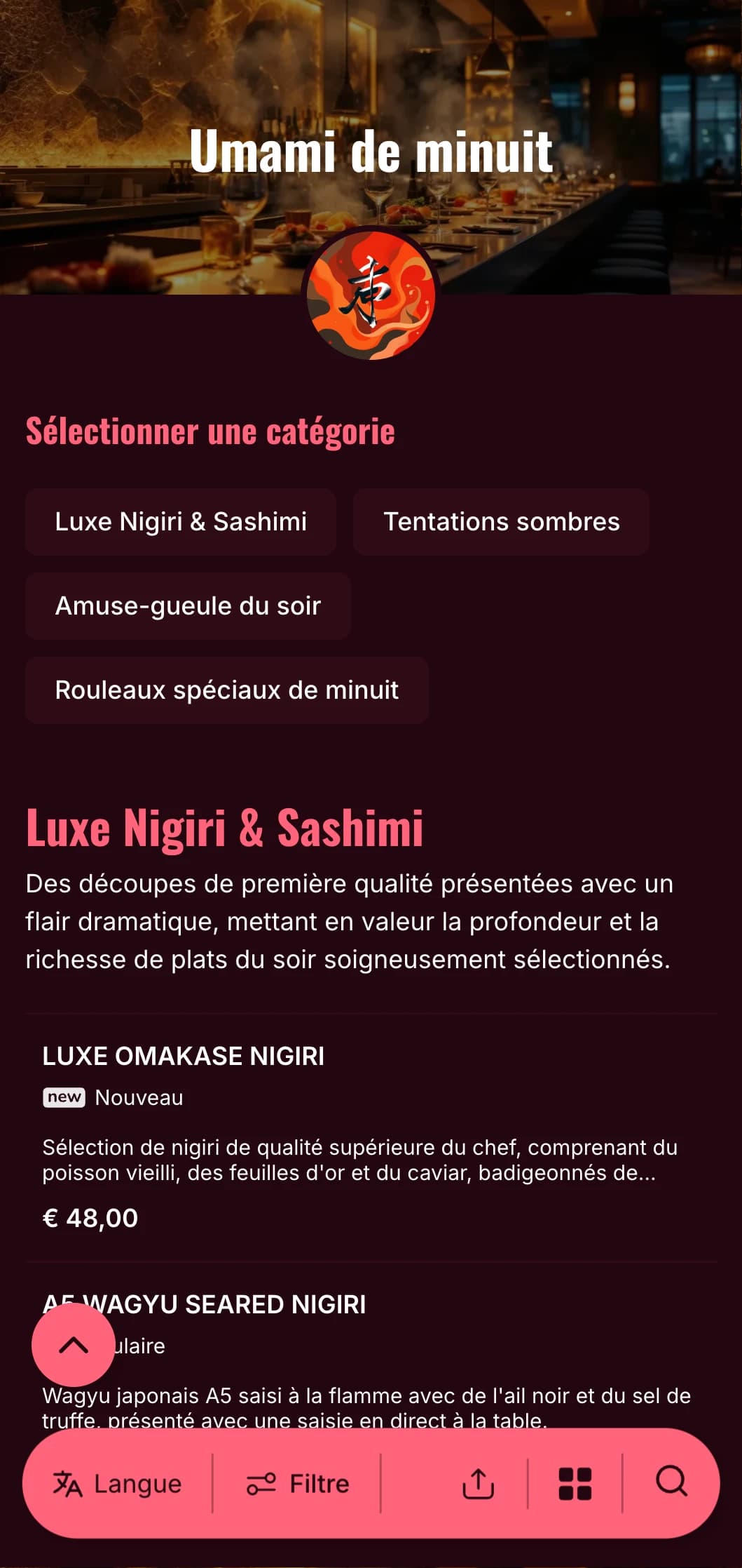Une expérience luxueuse de sushi en fin de soirée avec des contrastes audacieux, avec un bordeaux riche et des accents vifs sur un fond profond.