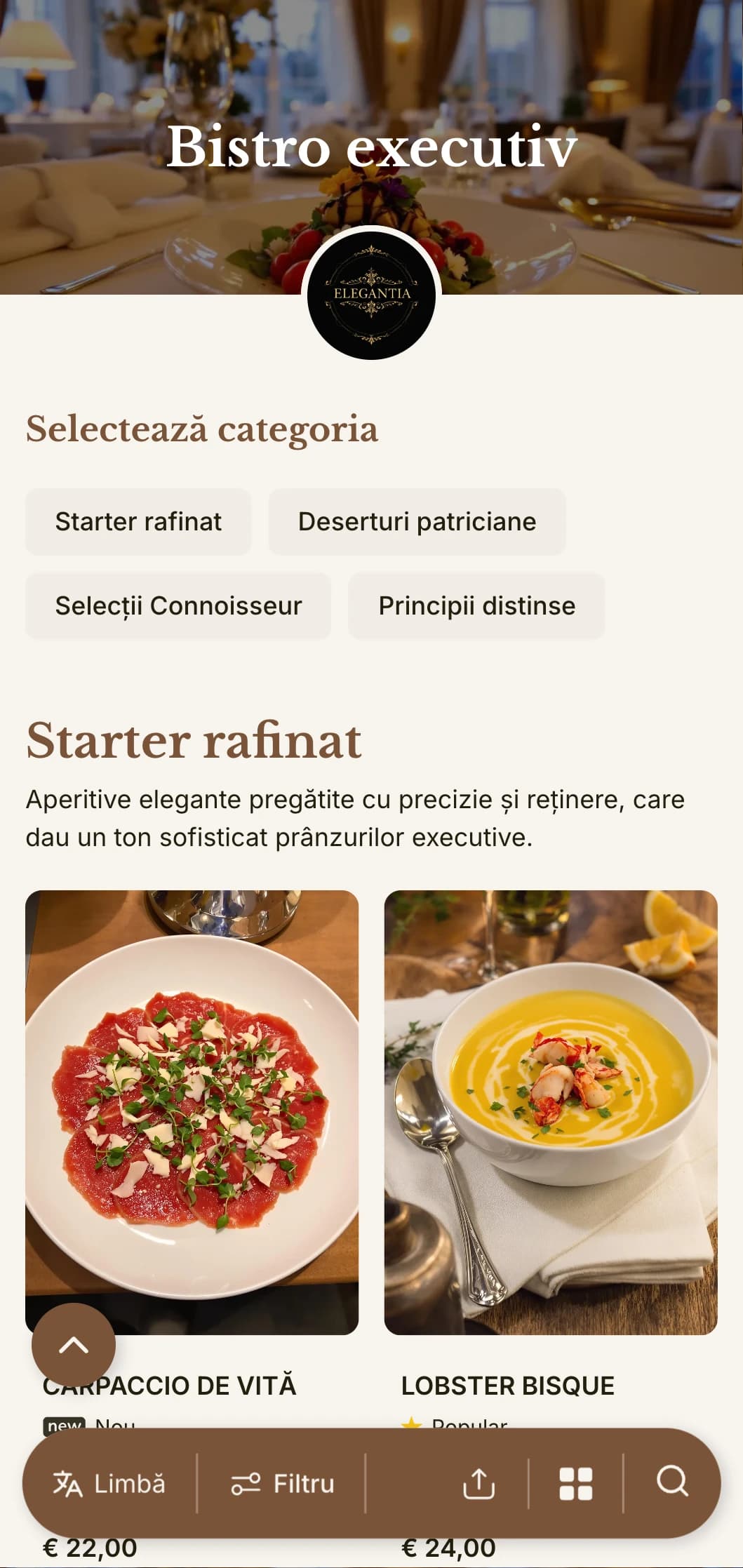 Design sofisticat pentru meniul de prânz, cu tipografie rafinată și spațiere elegantă, adaptat pentru restaurantele hotelurilor de lux și sălile de mese executive care servesc profesioniști de afaceri.